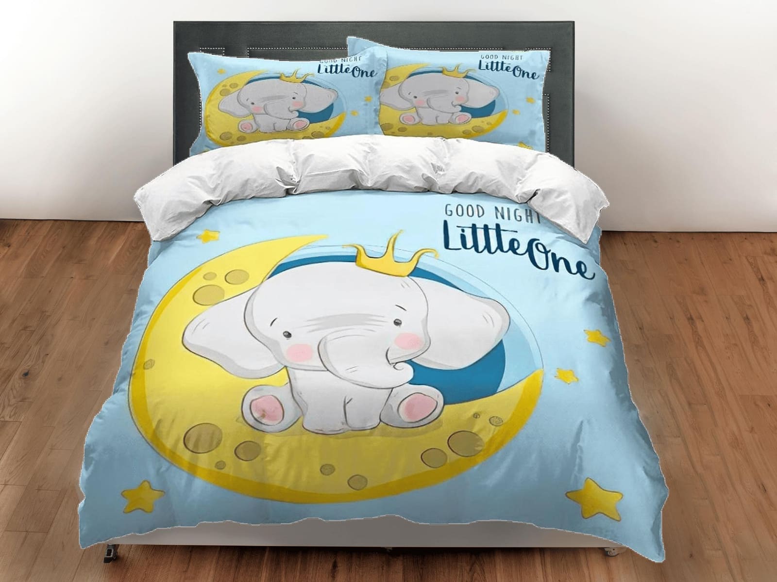Elephant in crescent moon bedding cute duvet cover set, kids bedding full, nursery bed decor, elephant baby shower, toddle…
