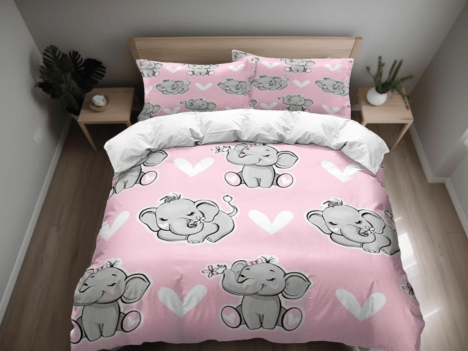 Elephant with hearts baby pink bedding cute duvet cover set, kids bedding full, nursery bed decor, elephant baby shower, t…