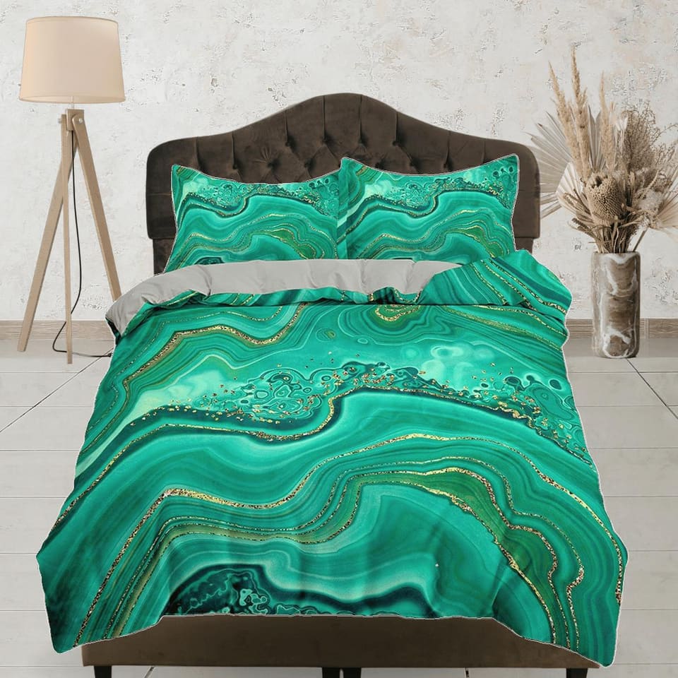 Emerald green contemporary bedroom set aesthetic duvet cover, marble abstract art room decor boho chic bedding set full ki…