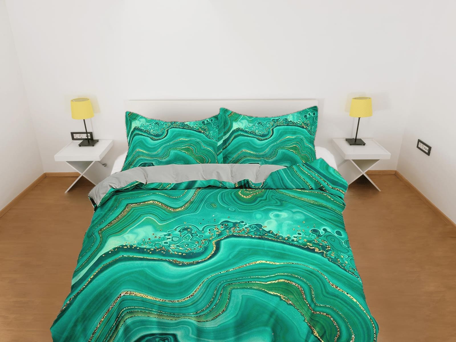 Emerald green contemporary bedroom set aesthetic duvet cover, marble abstract art room decor boho chic bedding set full ki…