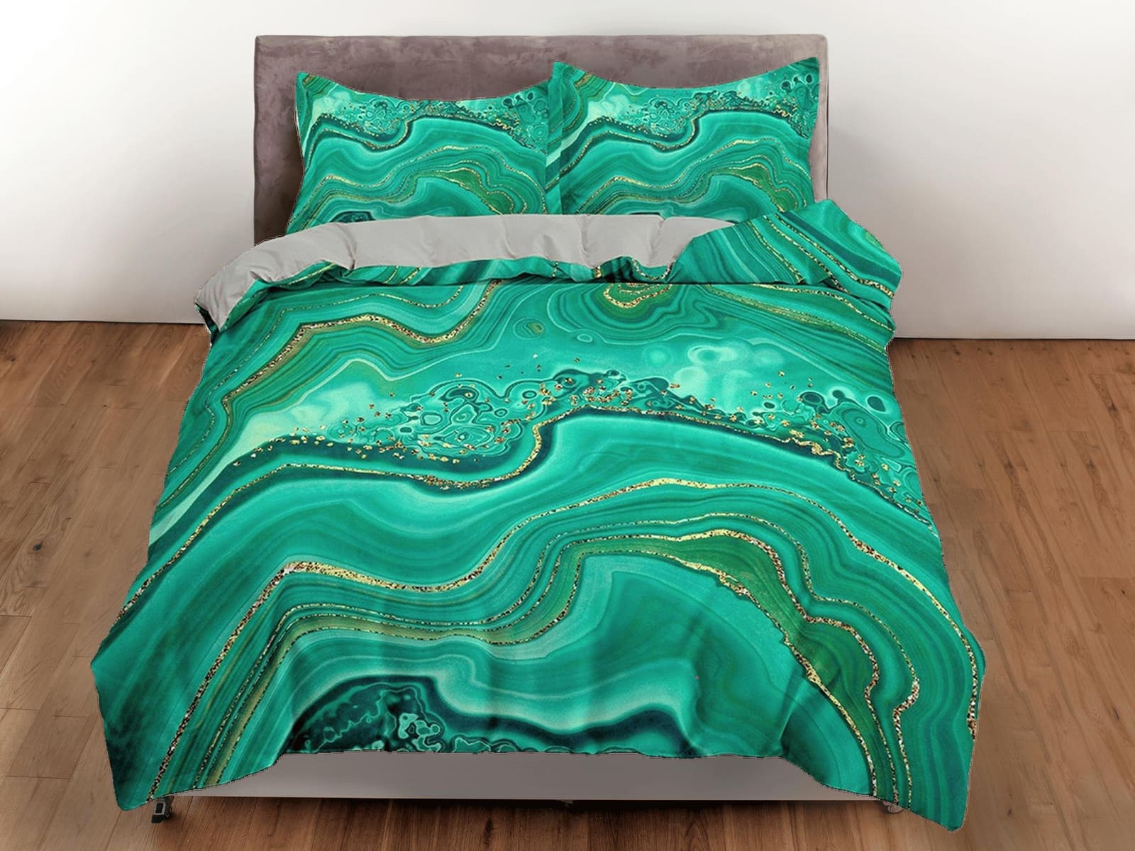 Emerald green contemporary bedroom set aesthetic duvet cover, marble abstract art room decor boho chic bedding set full ki…