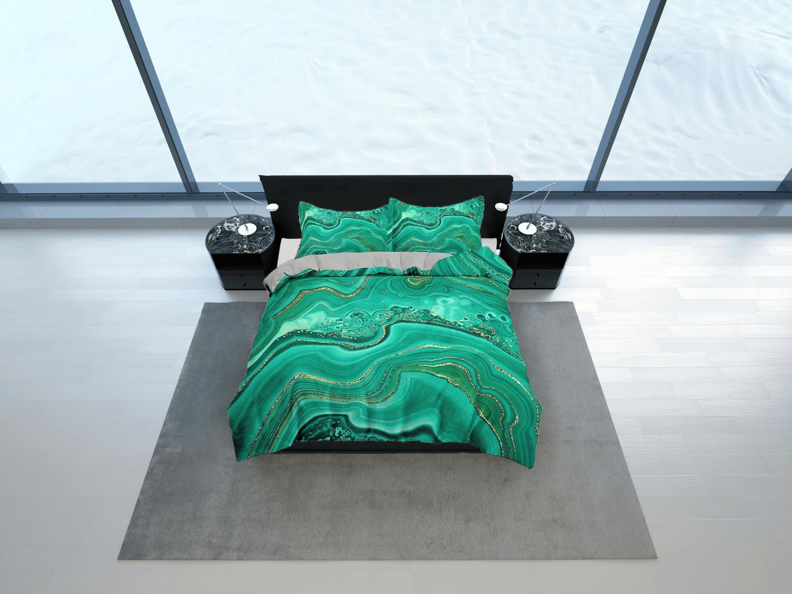 Emerald green contemporary bedroom set aesthetic duvet cover, marble abstract art room decor boho chic bedding set full ki…