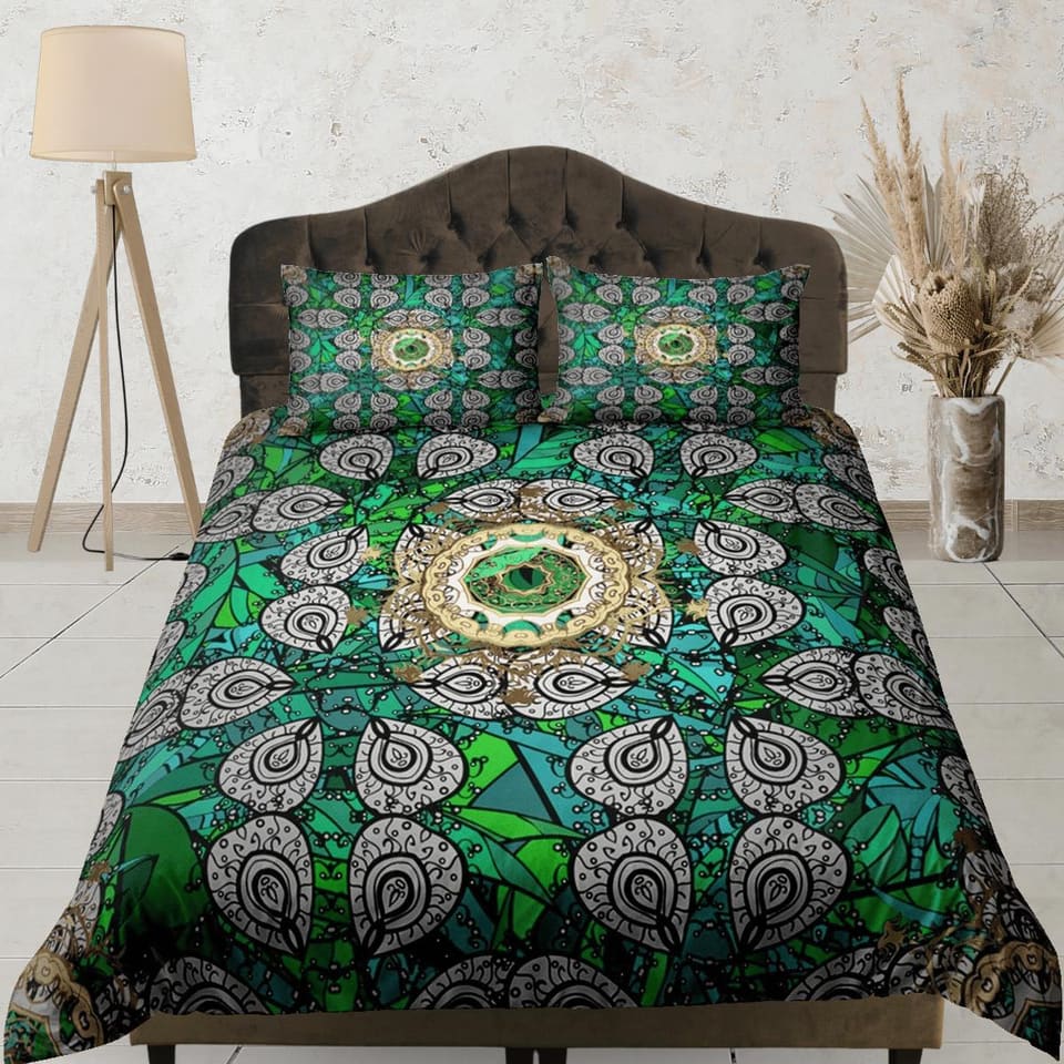 Emerald green whimsical african bedding set duvet cover, boho bedding ethnic tribal design, afrocentric designer bedding,…