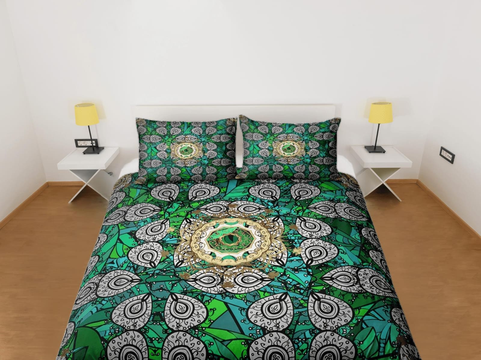 Emerald green whimsical african bedding set duvet cover, boho bedding ethnic tribal design, afrocentric designer bedding,…