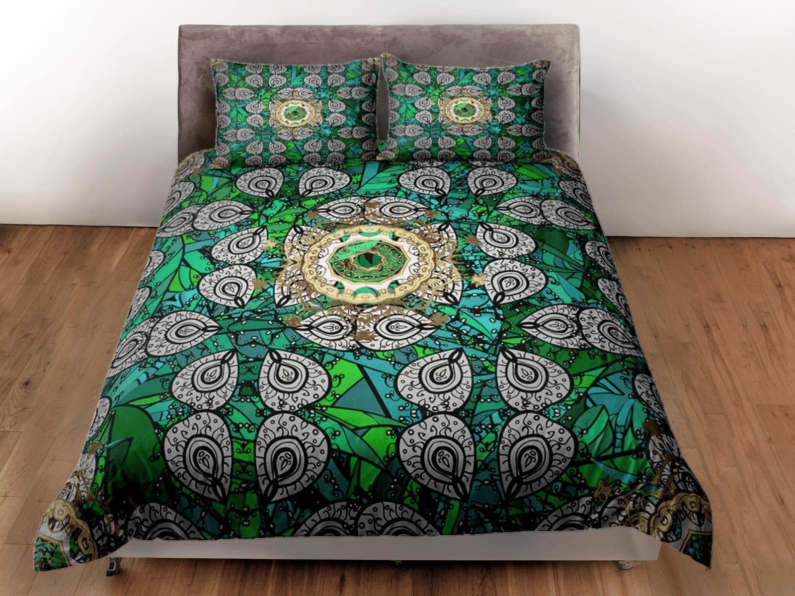 Emerald green whimsical african bedding set duvet cover, boho bedding ethnic tribal design, afrocentric designer bedding,…
