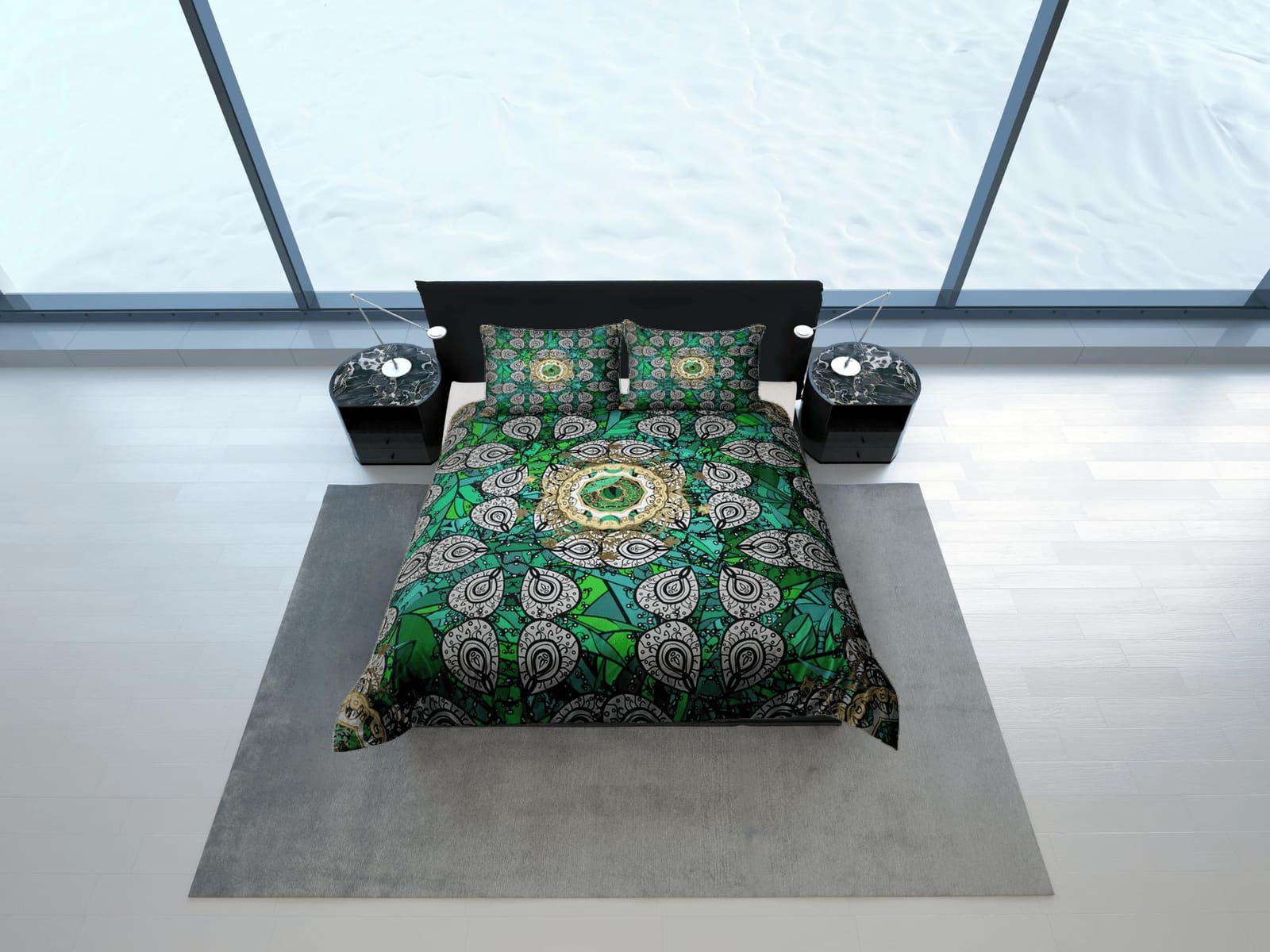 Emerald green whimsical african bedding set duvet cover, boho bedding ethnic tribal design, afrocentric designer bedding,…