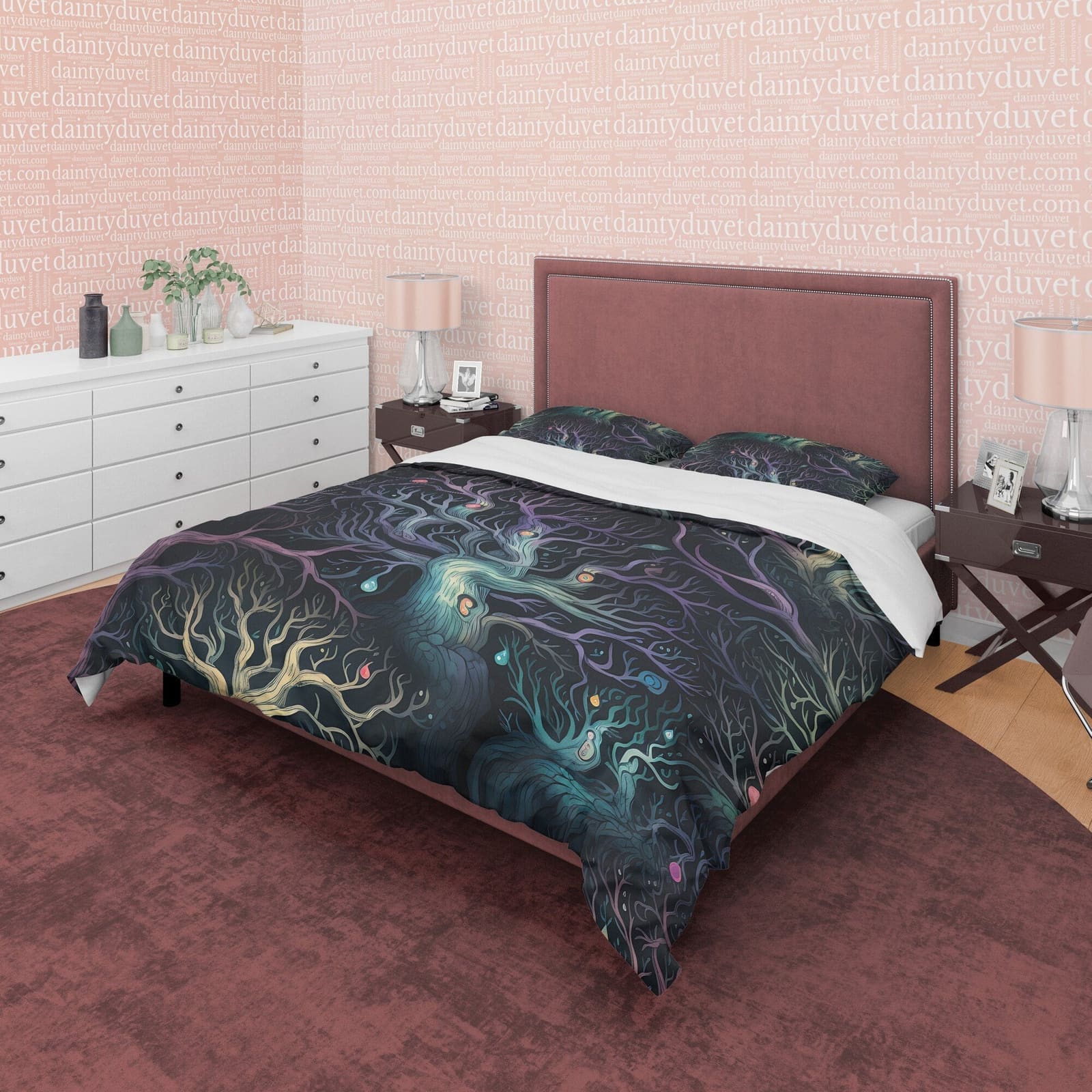 Enchanted Forest, Green and Purple Shades, Halloween Duvet Cover Set, Aesthetic Bedding, Spooky Room Decor, US, European,…