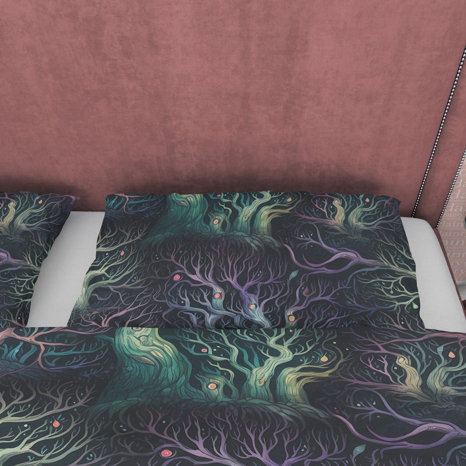 Enchanted Forest, Green and Purple Shades, Halloween Duvet Cover Set, Aesthetic Bedding, Spooky Room Decor, US, European,…