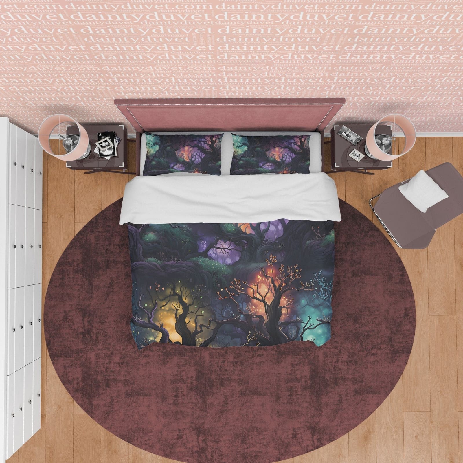 Enchanted Forest with Colorful Lights, Halloween Duvet Cover Set, Aesthetic Bedding, Spooky Room Decor, US, European, Aust…