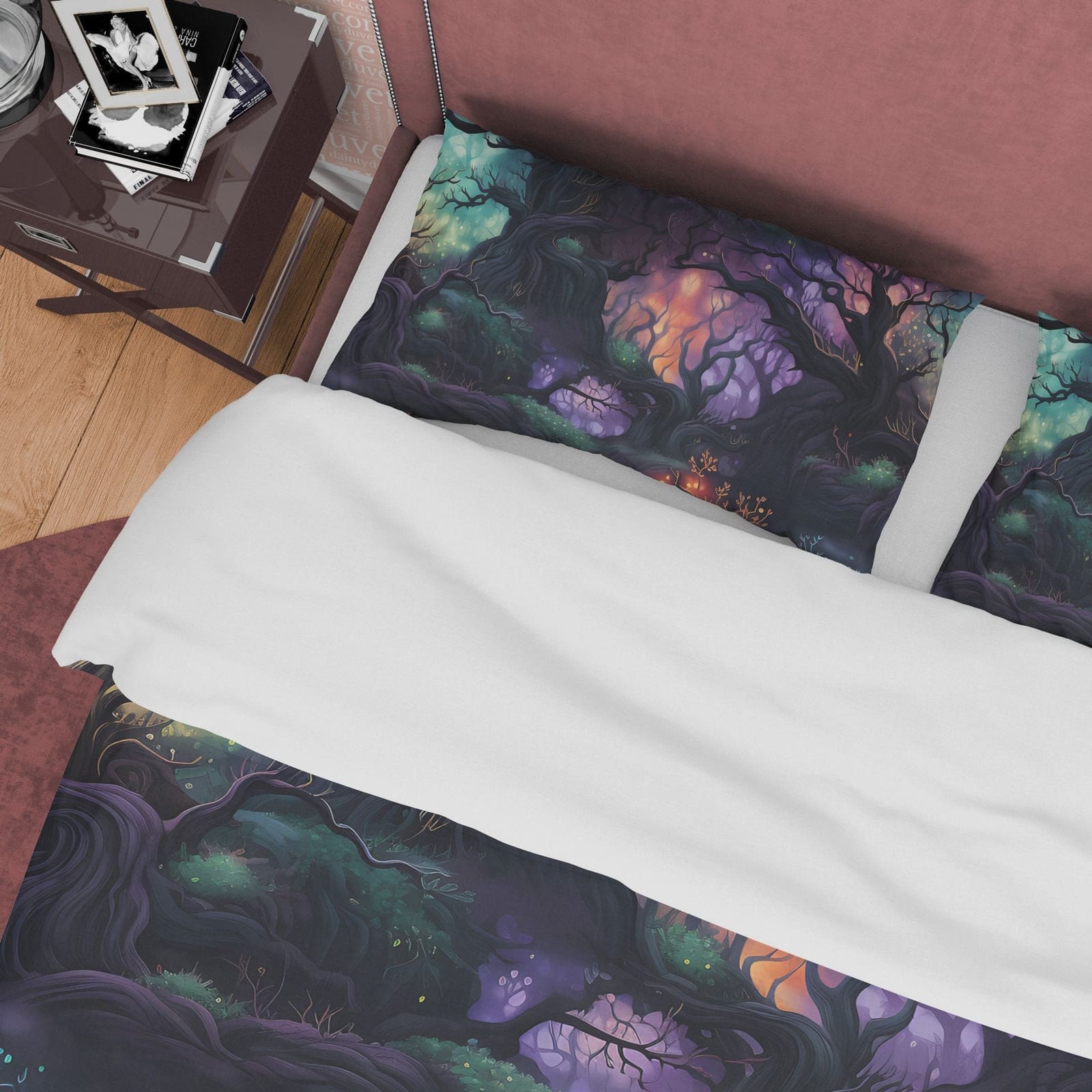 Enchanted Forest with Colorful Lights, Halloween Duvet Cover Set, Aesthetic Bedding, Spooky Room Decor, US, European, Aust…