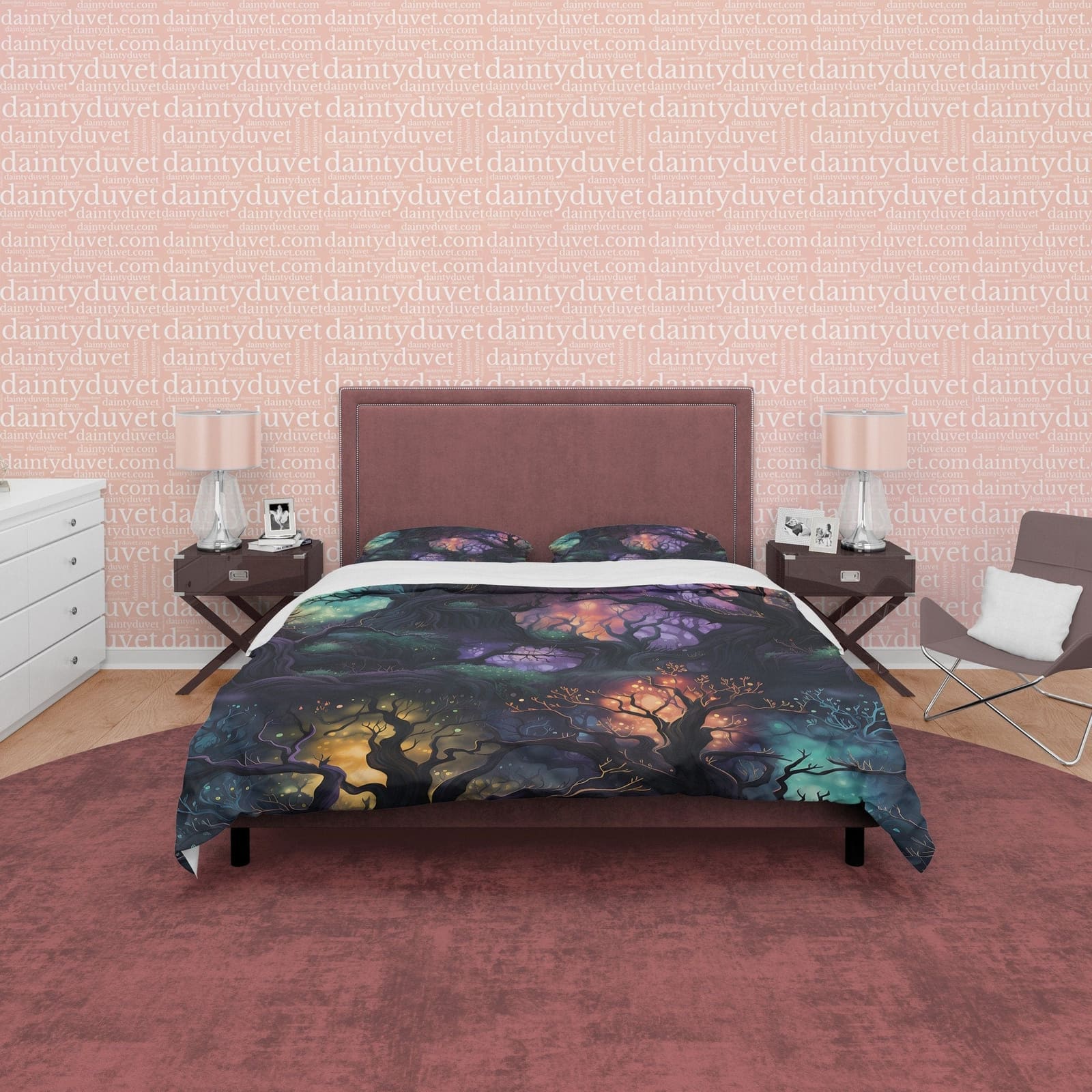 Enchanted Forest with Colorful Lights, Halloween Duvet Cover Set, Aesthetic Bedding, Spooky Room Decor, US, European, Aust…