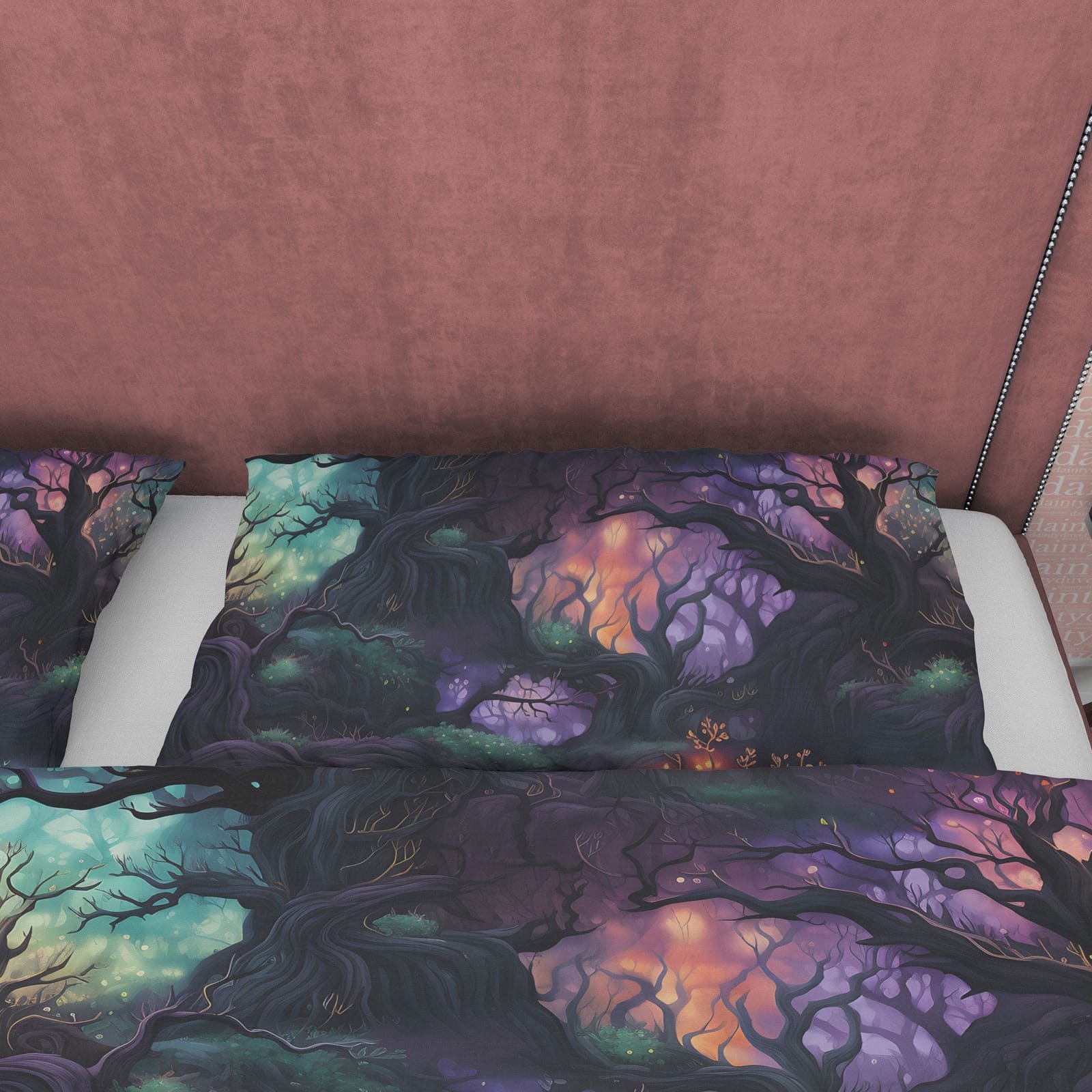 Enchanted Forest with Colorful Lights, Halloween Duvet Cover Set, Aesthetic Bedding, Spooky Room Decor, US, European, Aust…