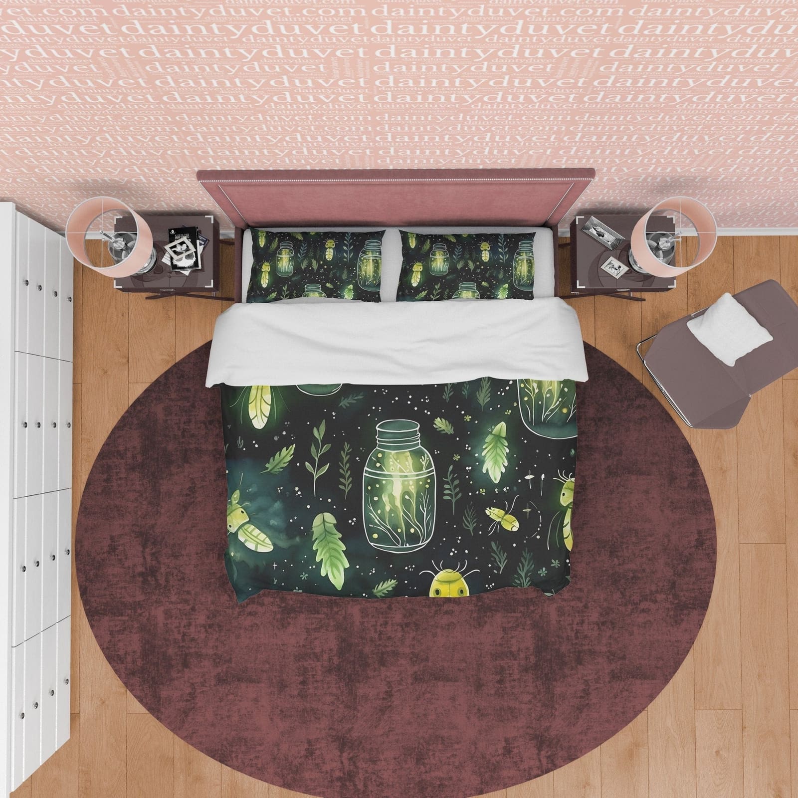 Enchanted Insect Jar Duvet Cover Set, Green Mythical Aesthetic Zipper Bedding, Halloween Room Decor, Glowing Leaf Unique B…