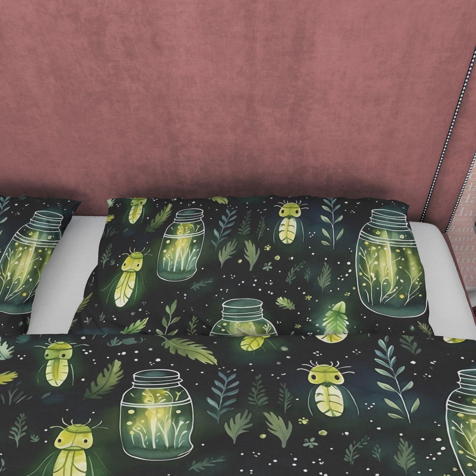 Enchanted Insect Jar Duvet Cover Set, Green Mythical Aesthetic Zipper Bedding, Halloween Room Decor, Glowing Leaf Unique B…