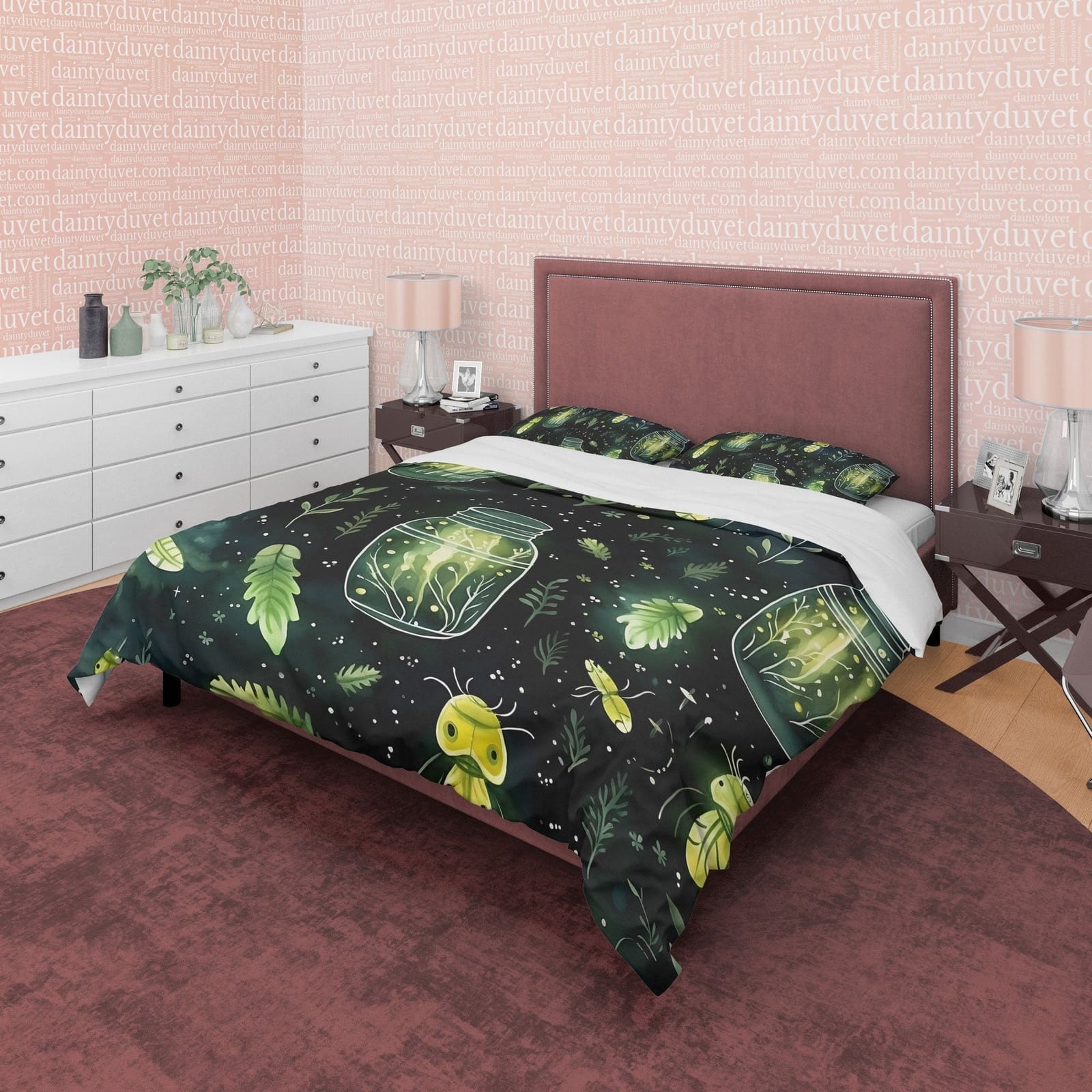 Enchanted Insect Jar Duvet Cover Set, Green Mythical Aesthetic Zipper Bedding, Halloween Room Decor, Glowing Leaf Unique B…