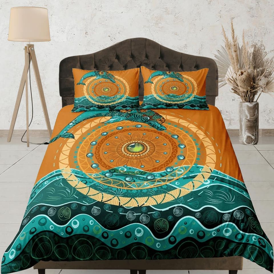 Ethnic dolphin bedding tribal design green orange duvet cover, ocean blush decor sea animal bedding set full king queen tw…