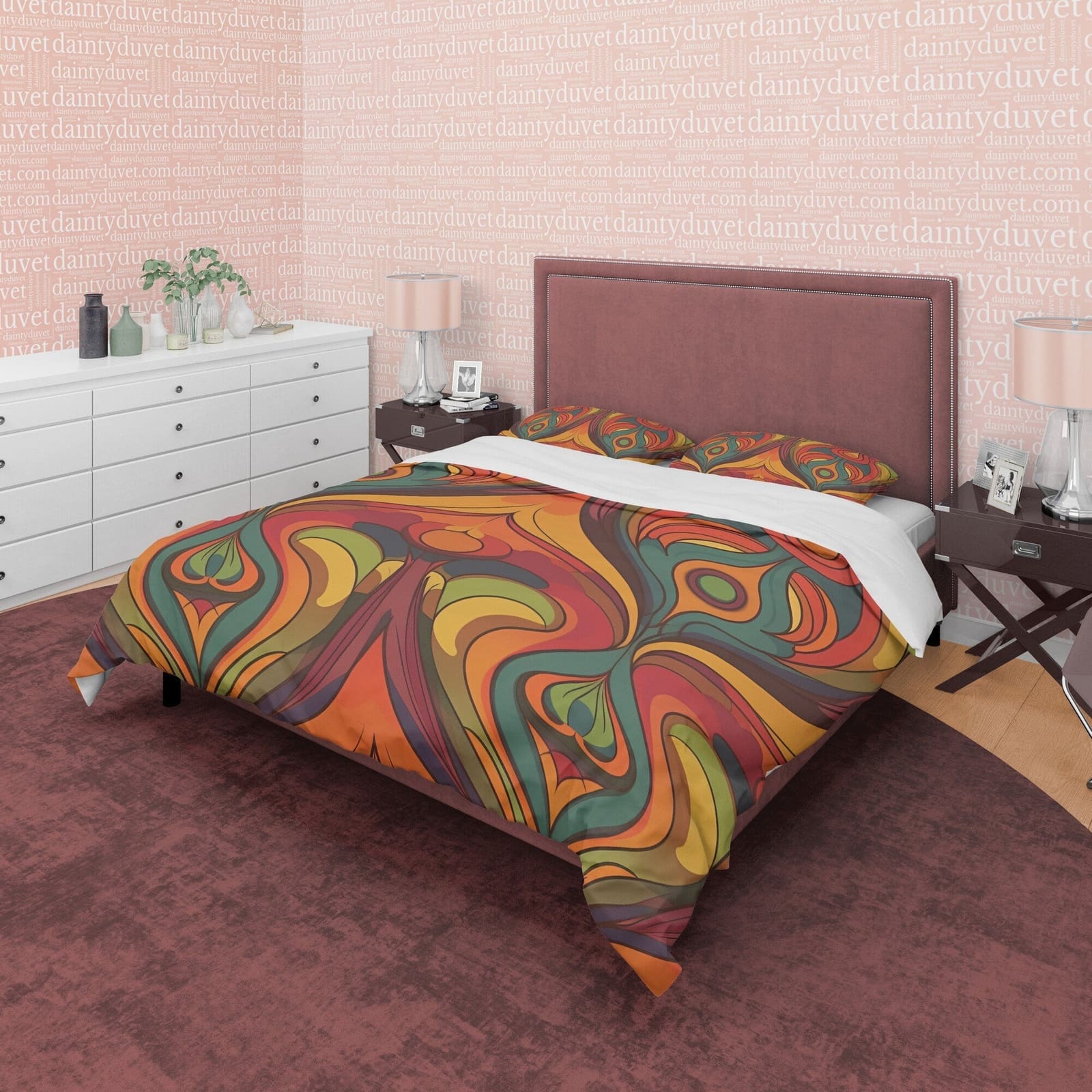 European Geometric Retro Bedding Set, Vintage Pattern Duvet Cover, Rustic Quilt Cover, Unique Brown Bedding, Zipper Beddin…