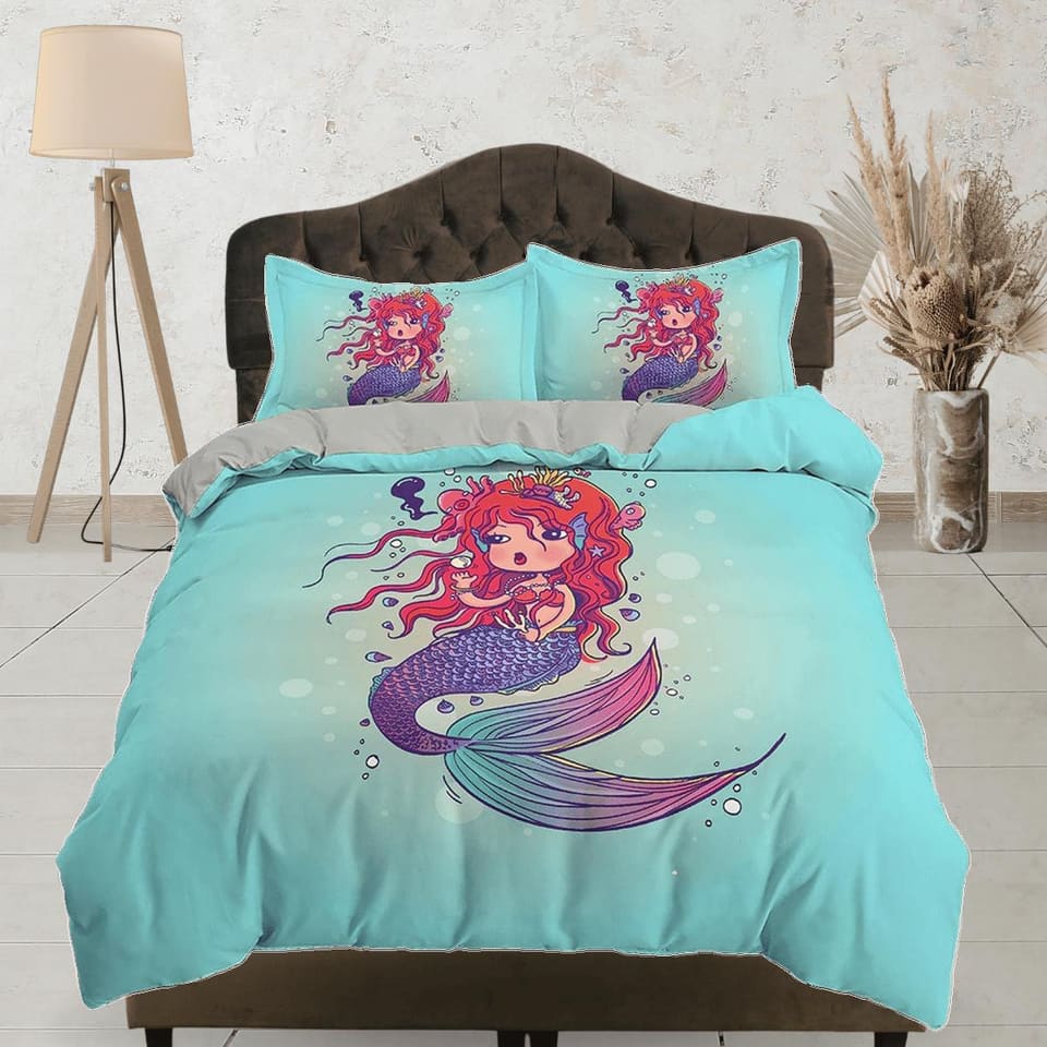 Fantasy Little Mermaid Green Bedding, Duvet Cover & Pillowcase, Zipper Bedding, Dorm Bedding, Teens Adult Duvet King Queen…