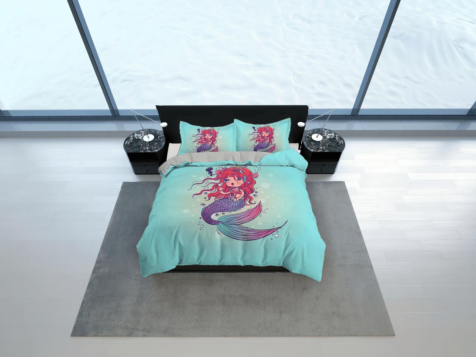 Fantasy Little Mermaid Green Bedding, Duvet Cover & Pillowcase, Zipper Bedding, Dorm Bedding, Teens Adult Duvet King Queen…