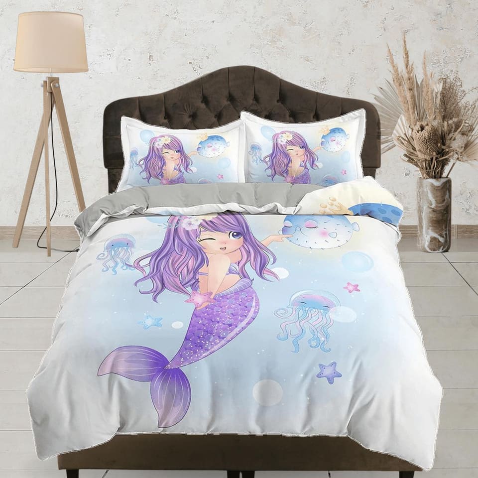 Fantasy Mermaid Purple Bedding, Duvet Cover Set & Pillowcase, Zipper Bedding, Dorm Bedding, Teens Adult Duvet King Queen F…