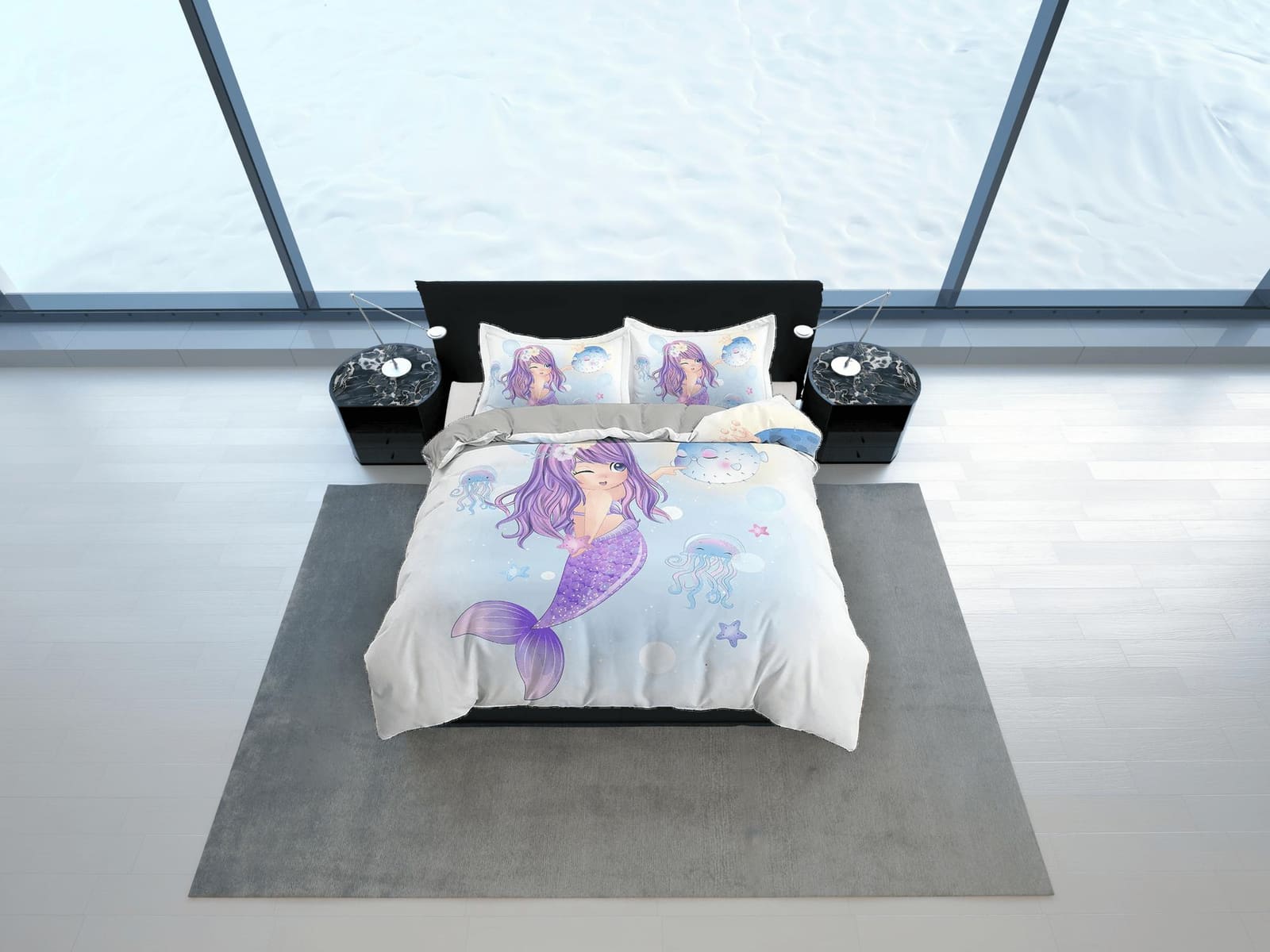 Fantasy Mermaid Purple Bedding, Duvet Cover Set & Pillowcase, Zipper Bedding, Dorm Bedding, Teens Adult Duvet King Queen F…