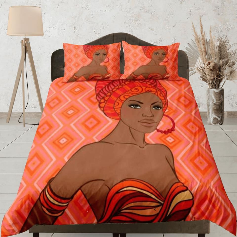 Feminist afro woman bedding set peach pink duvet cover, boho bedding african ethnic design, afrocentric designer bedding,…