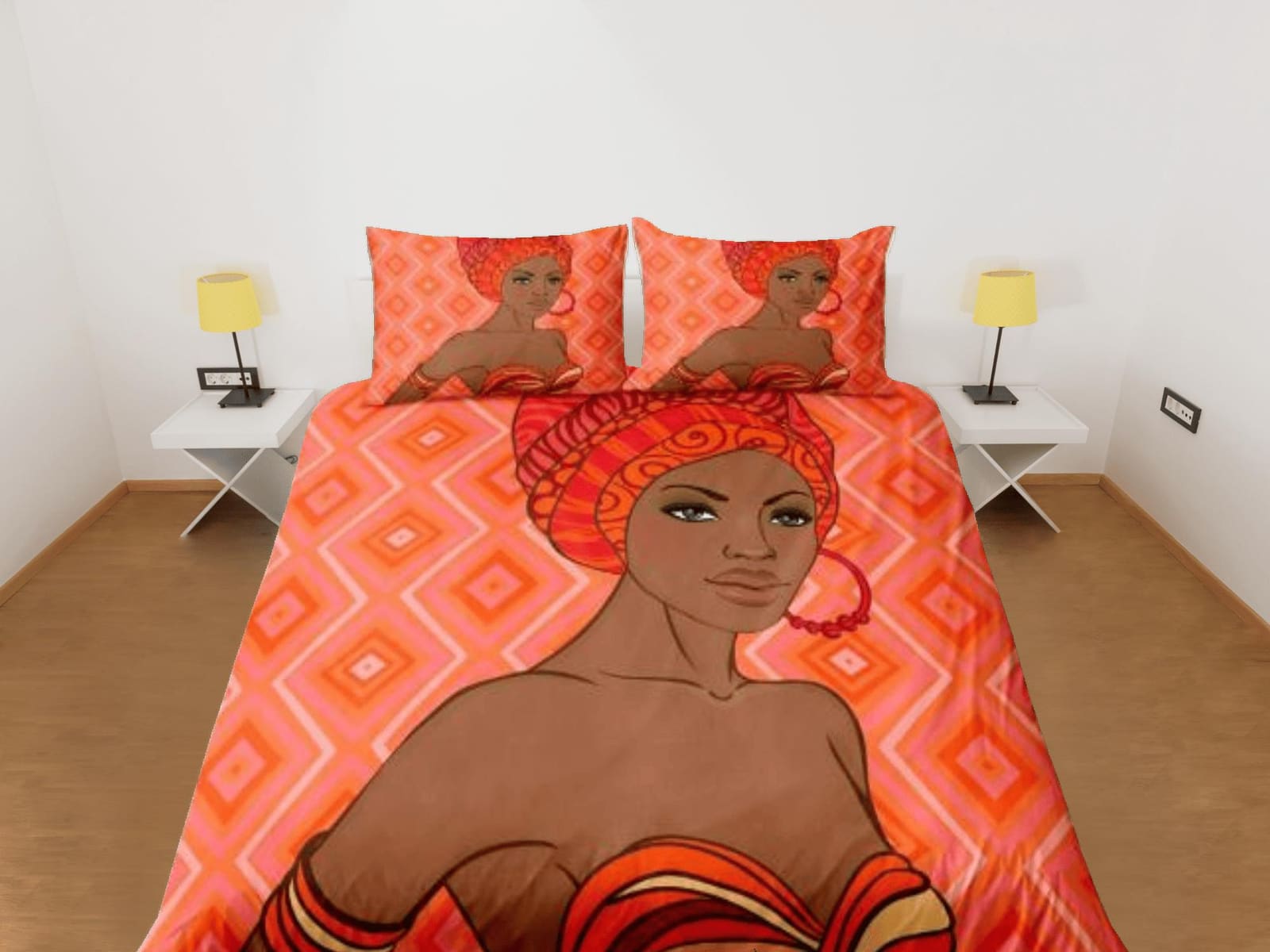 Feminist afro woman bedding set peach pink duvet cover, boho bedding african ethnic design, afrocentric designer bedding,…