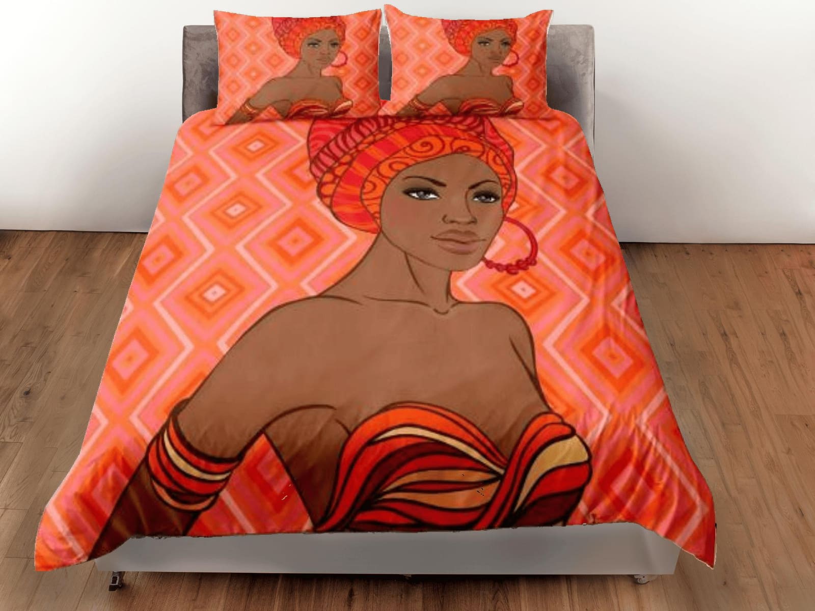 Feminist afro woman bedding set peach pink duvet cover, boho bedding african ethnic design, afrocentric designer bedding,…