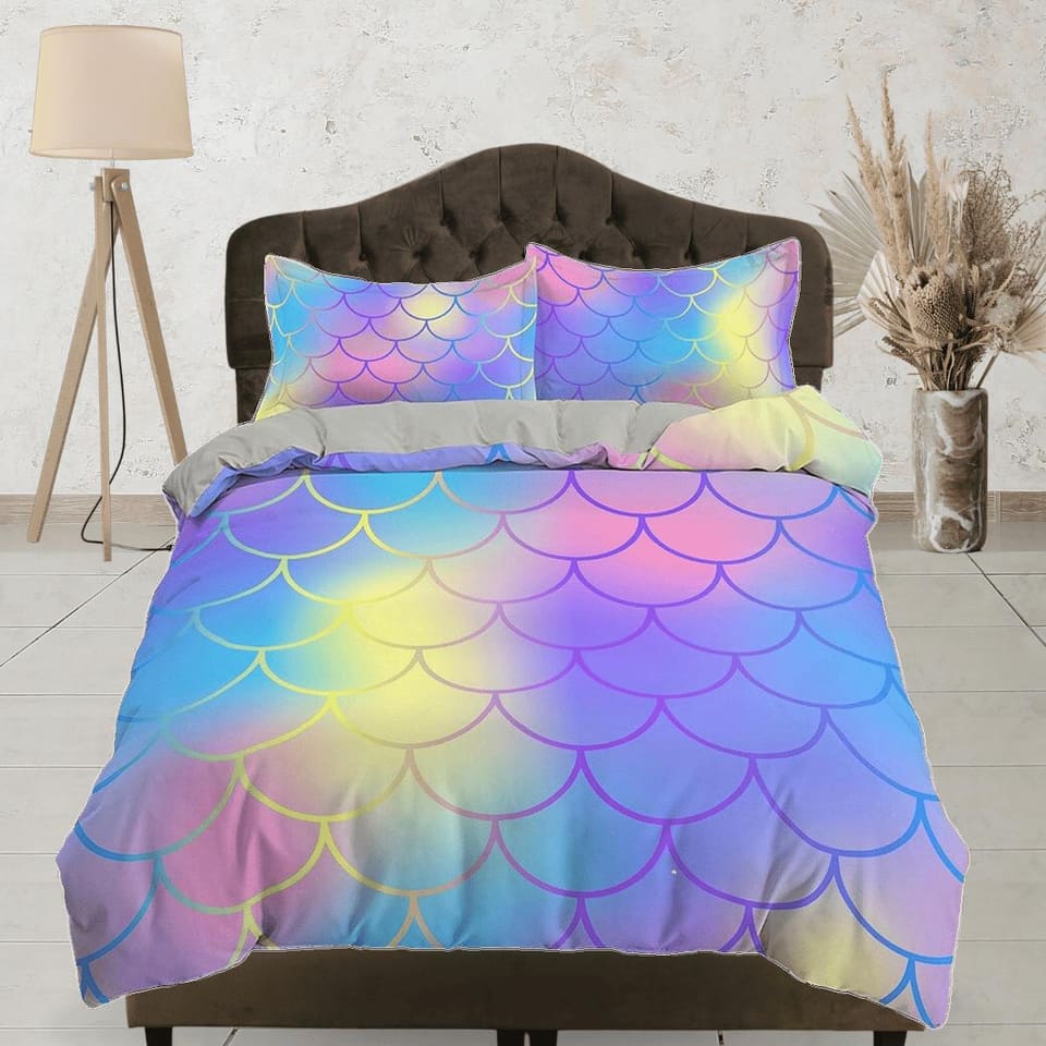 Fish Scales Mermaid Gradient Colors Kids Duvet Cover Set, Toddler Bedding, Kids Bedroom, Cute Bedding, Duvet King Queen Fu…
