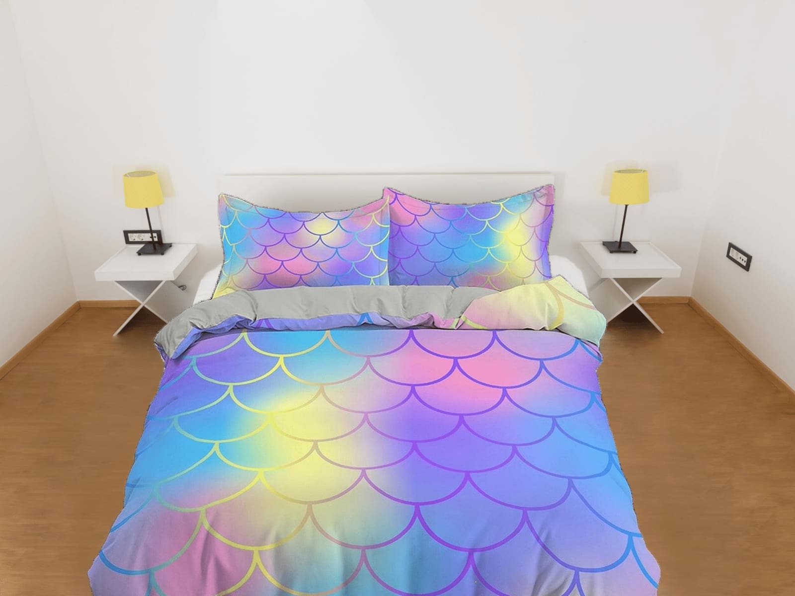 Fish Scales Mermaid Gradient Colors Kids Duvet Cover Set, Toddler Bedding, Kids Bedroom, Cute Bedding, Duvet King Queen Fu…