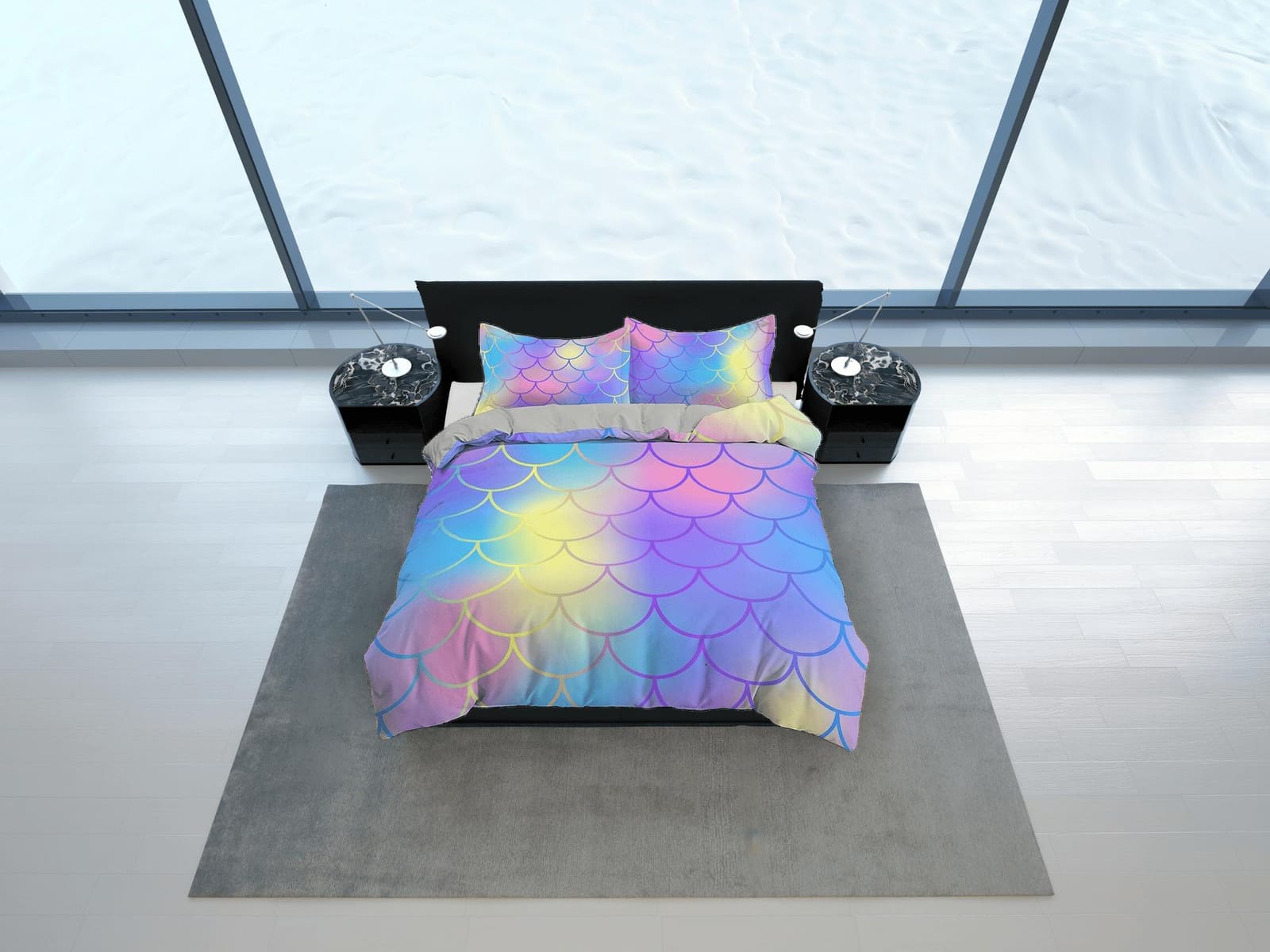 Fish Scales Mermaid Gradient Colors Kids Duvet Cover Set, Toddler Bedding, Kids Bedroom, Cute Bedding, Duvet King Queen Fu…