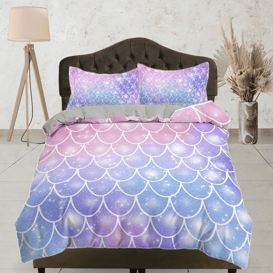 Fish Scales Mermaid Kids Purple Pink Duvet Cover Set, Toddler Bedding, Kids Bedroom, Cute Bedding, Duvet King Queen Full T…