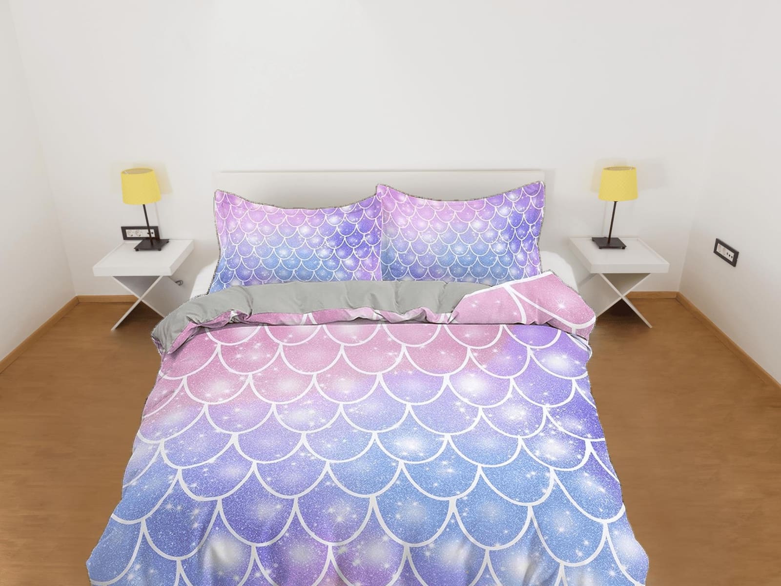 Fish Scales Mermaid Kids Purple Pink Duvet Cover Set, Toddler Bedding, Kids Bedroom, Cute Bedding, Duvet King Queen Full T…
