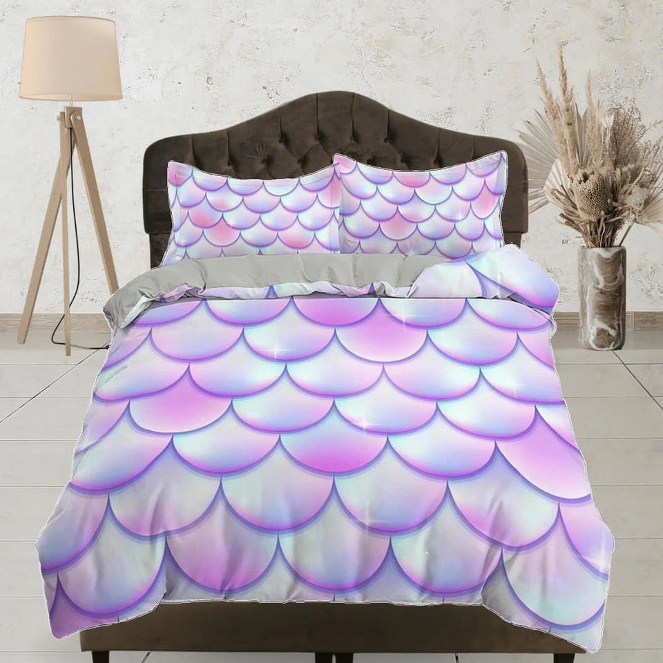 Fish scales unicorn pastel toddler bedding, duvet cover for nursery kids, crib bedding, baby zipper bedding, king queen fu…