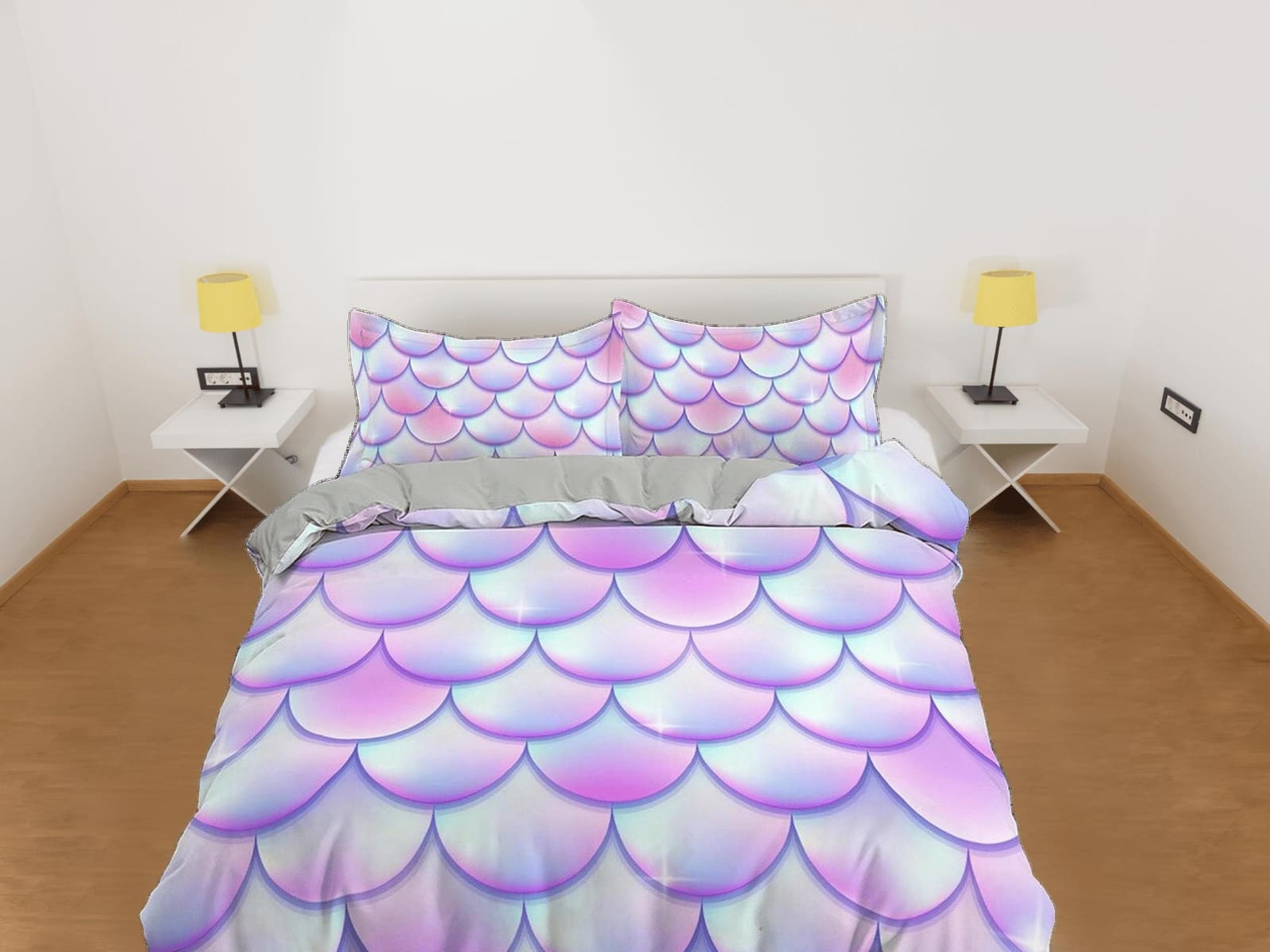 Fish scales unicorn pastel toddler bedding, duvet cover for nursery kids, crib bedding, baby zipper bedding, king queen fu…