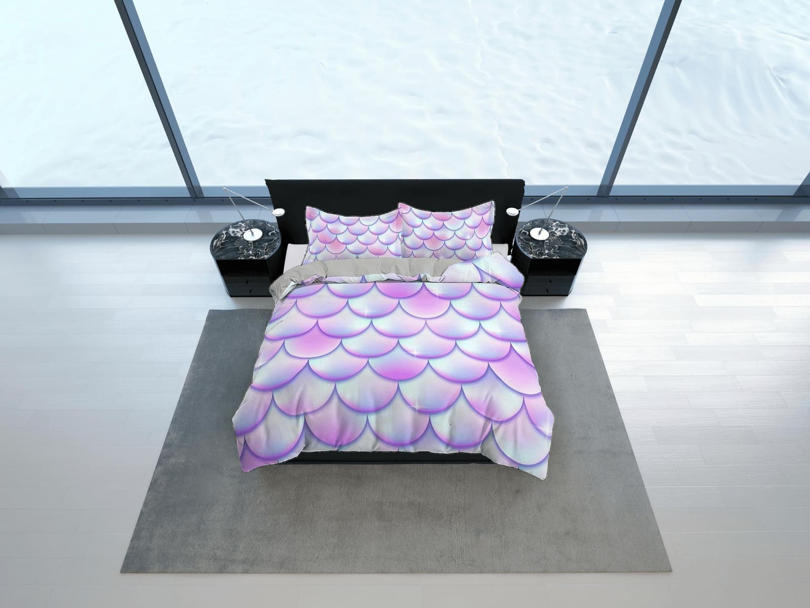Fish scales unicorn pastel toddler bedding, duvet cover for nursery kids, crib bedding, baby zipper bedding, king queen fu…