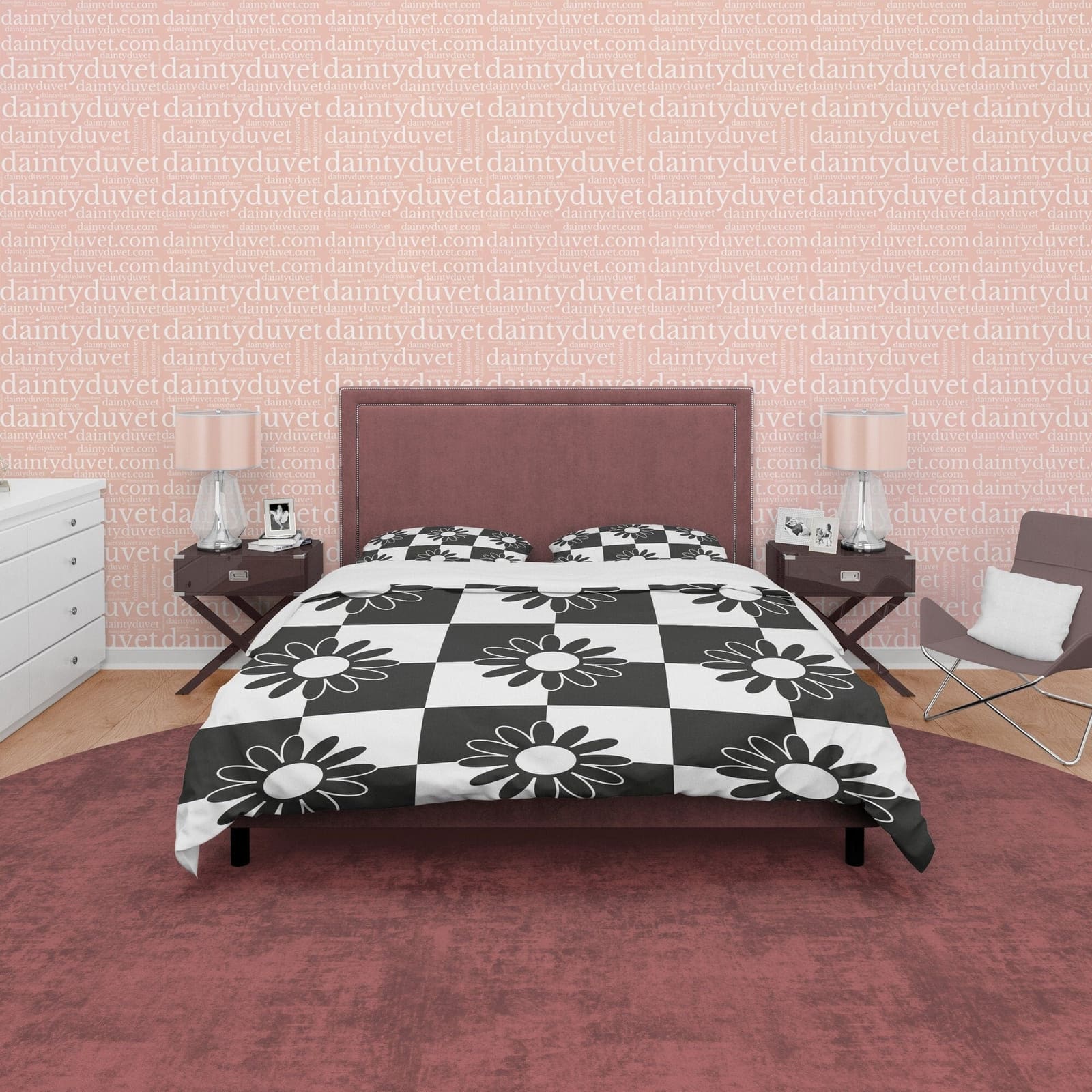 Floral Black and White Duvet Cover Set, Checkered Blanket Cover Retro Printed Bedding Set, Groovy Bedspread, 90s Nostalgia…