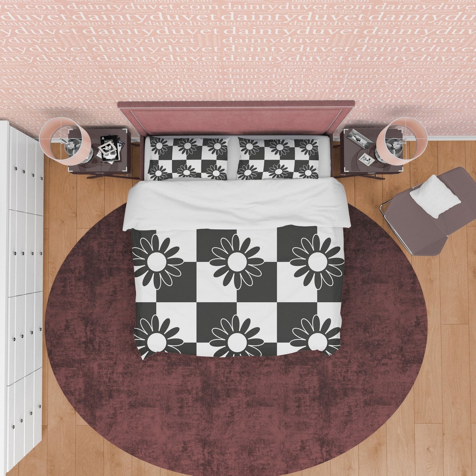 Floral Black and White Duvet Cover Set, Checkered Blanket Cover Retro Printed Bedding Set, Groovy Bedspread, 90s Nostalgia…