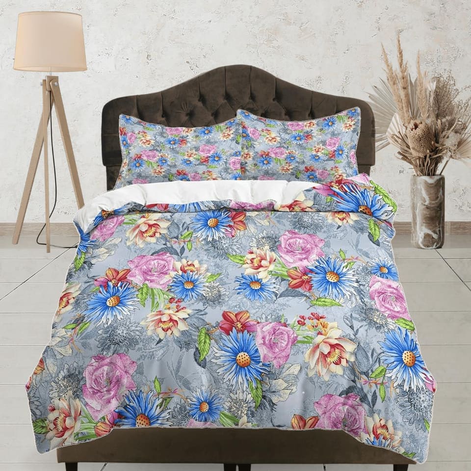 Floral duvet cover grey shabby chic bedding, teen girl bedroom, baby girl crib bedding boho maximalist bedspread aesthetic…