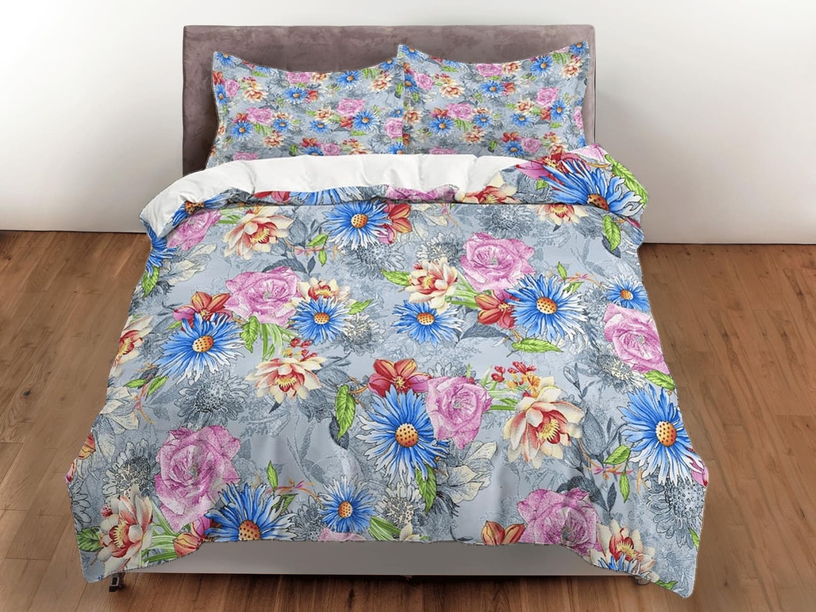 Floral duvet cover grey shabby chic bedding, teen girl bedroom, baby girl crib bedding boho maximalist bedspread aesthetic…