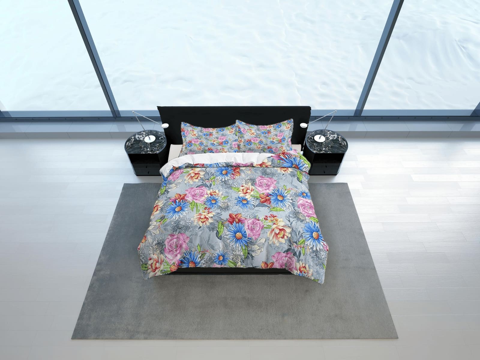 Floral duvet cover grey shabby chic bedding, teen girl bedroom, baby girl crib bedding boho maximalist bedspread aesthetic…