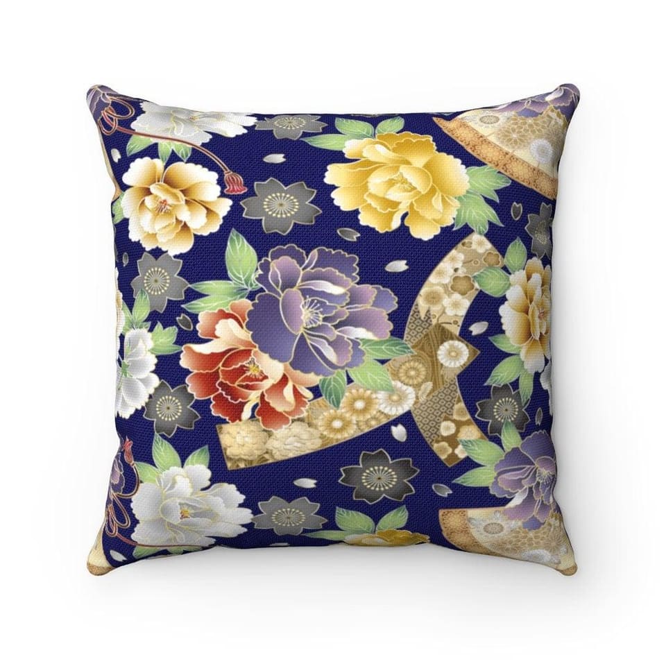 Floral Pillow Cover Blue, Square Pillow Cover for Throw Pillow, Chair Cushion Cover, Oriental Design Japanese Fabric Pillow