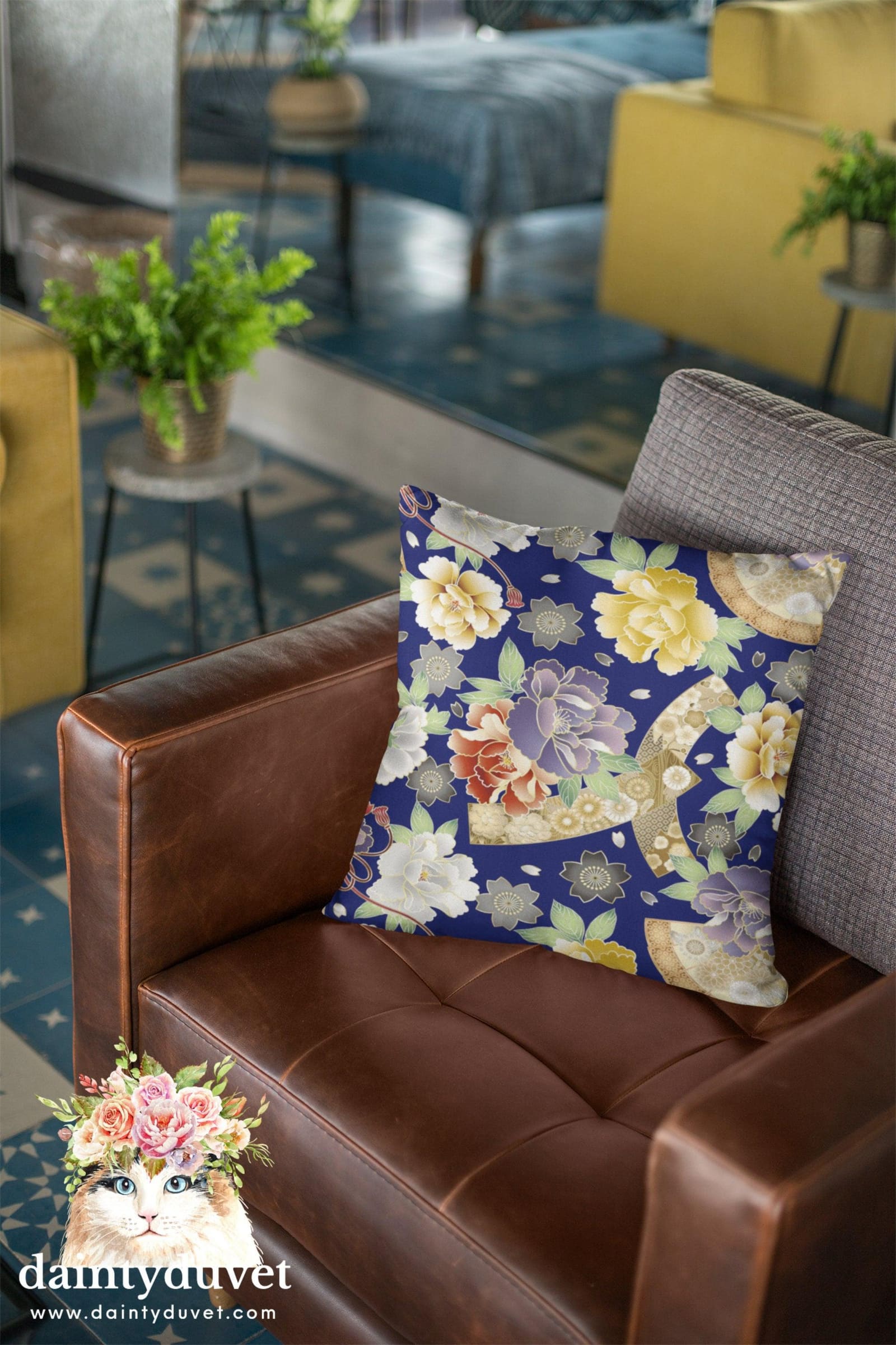 Floral Pillow Cover Blue, Square Pillow Cover for Throw Pillow, Chair Cushion Cover, Oriental Design Japanese Fabric Pillow