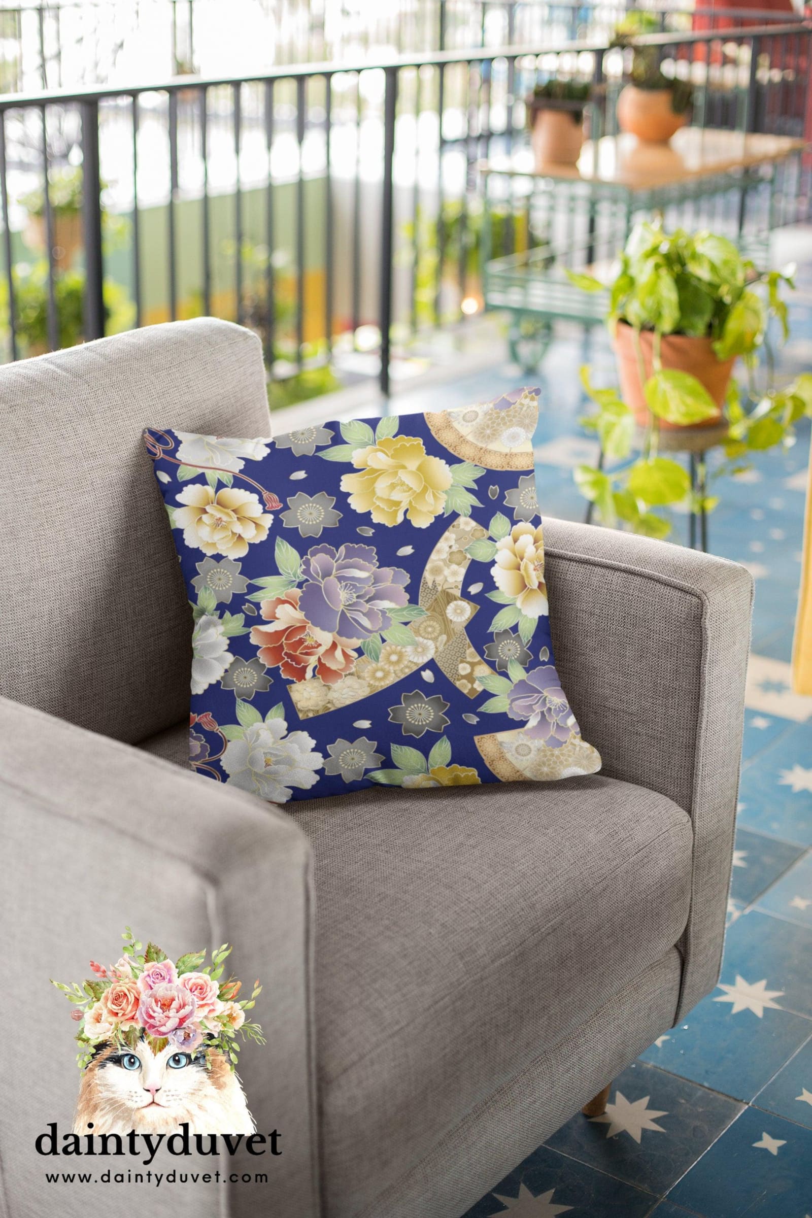 Floral Pillow Cover Blue, Square Pillow Cover for Throw Pillow, Chair Cushion Cover, Oriental Design Japanese Fabric Pillow