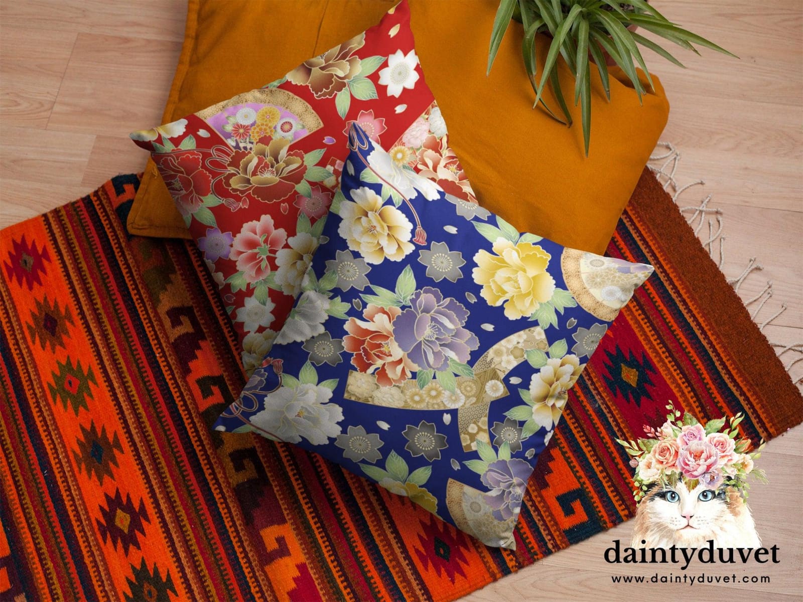 Floral Pillow Cover Blue, Square Pillow Cover for Throw Pillow, Chair Cushion Cover, Oriental Design Japanese Fabric Pillow