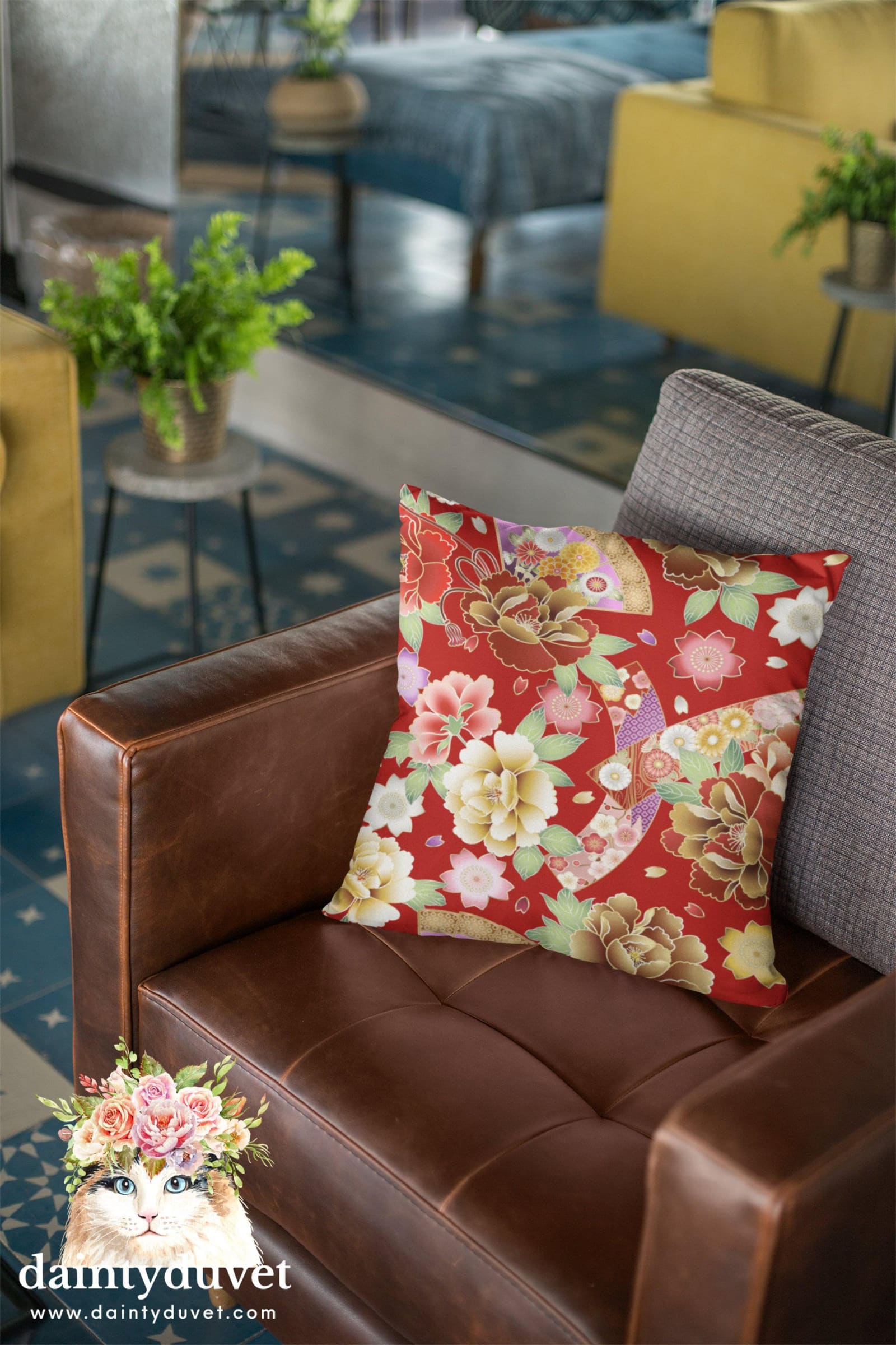 Floral Pillow Cover Red, Square Pillow Cover for Throw Pillow, Chair Cushion Cover, Oriental Design Japanese Fabric Pillow…