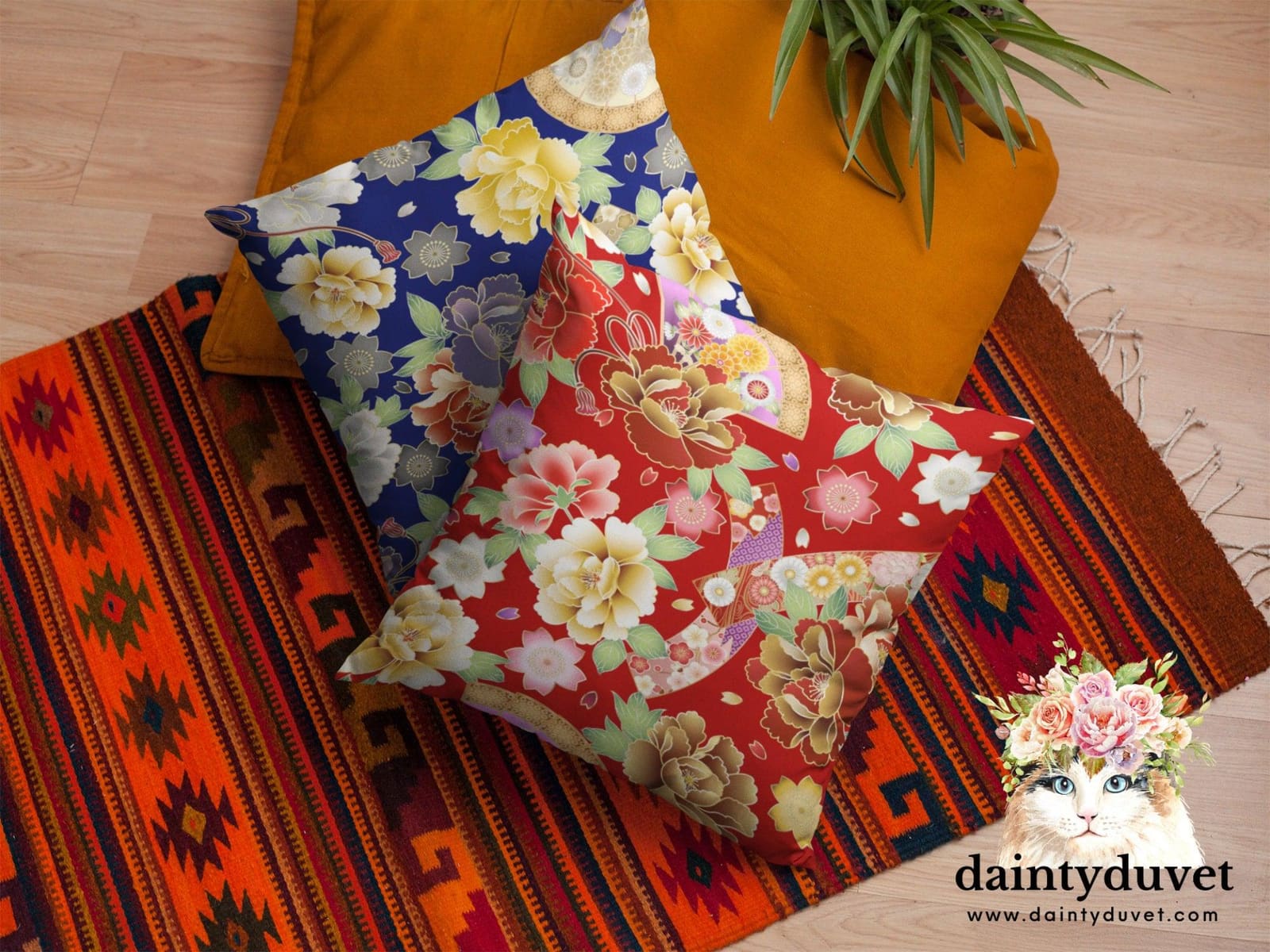 Floral Pillow Cover Red, Square Pillow Cover for Throw Pillow, Chair Cushion Cover, Oriental Design Japanese Fabric Pillow…