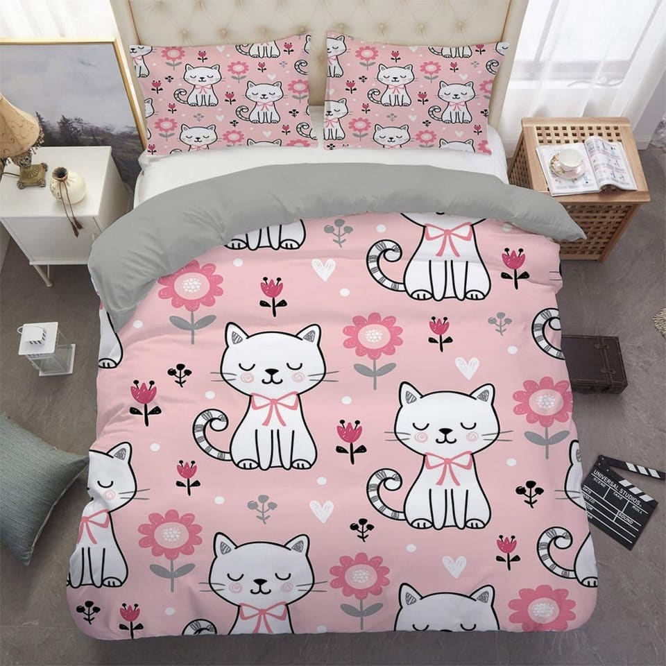 Floral printed bedding, white cat, toddler bedding, kids duvet cover set, gift for cat lovers, baby bedding, baby shower g…