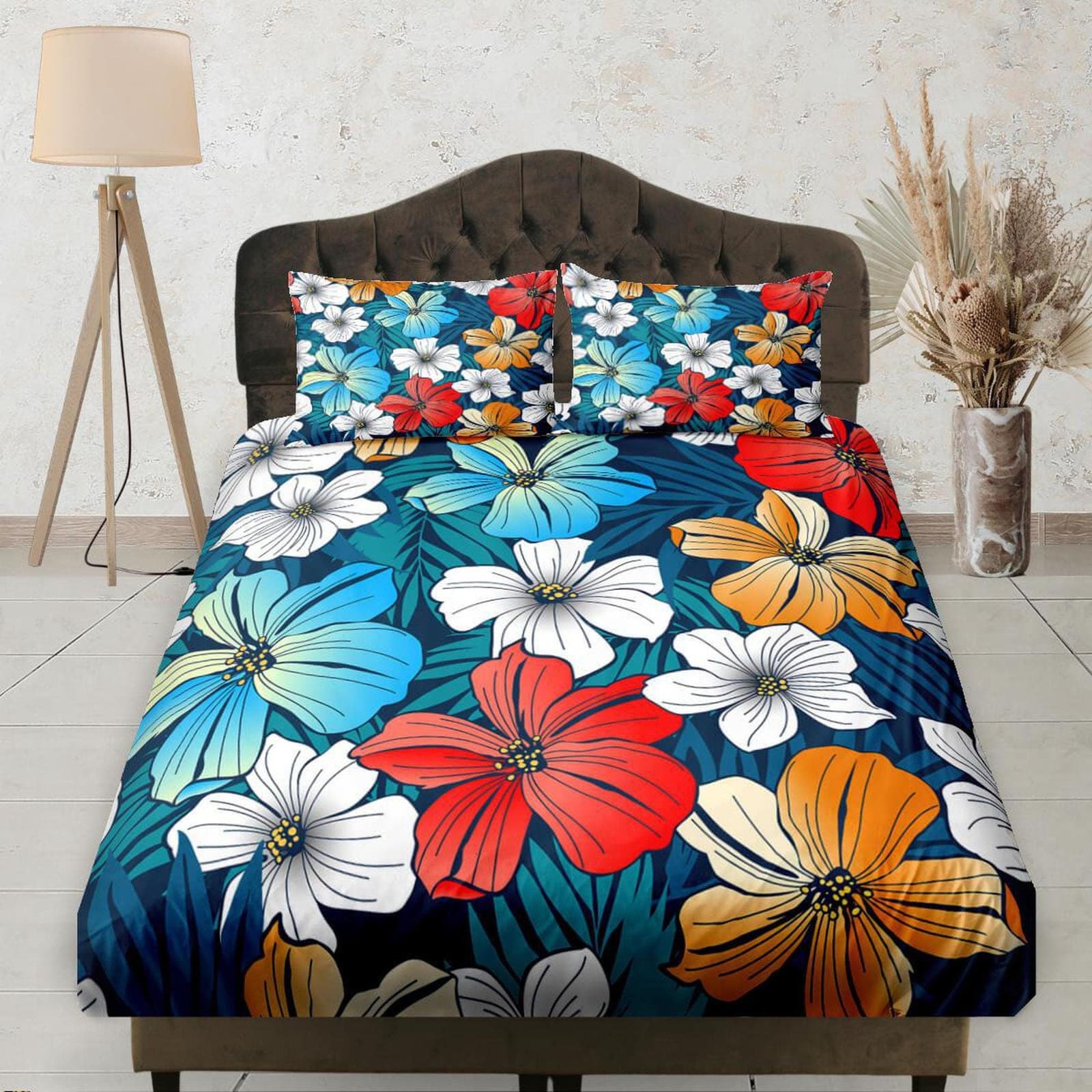 Floral Printed Blue Fitted Bedsheet Deep Pocket, Aesthetic Boho Bedding Set Full, Elastic Sheet, Dorm Bedding, Crib Sheet,…