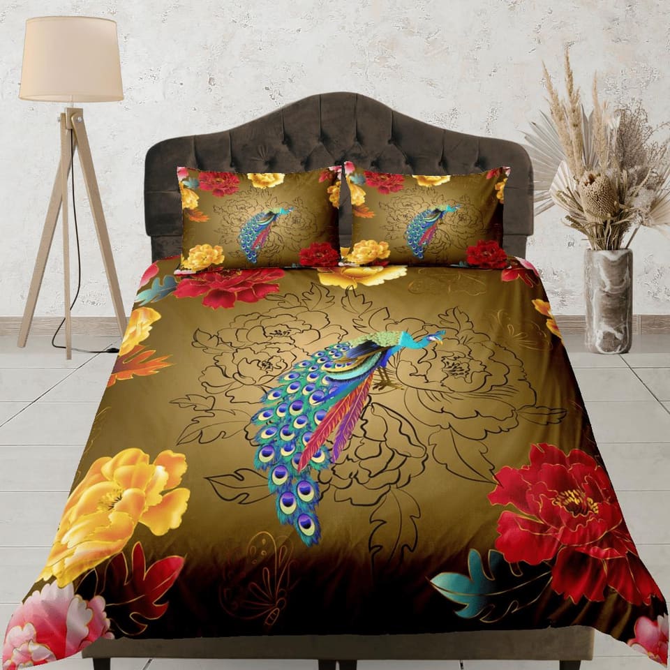 Floral prints and peacock decor aesthetic bedding set full, luxury duvet cover queen, king, boho duvet, designer bedding,…